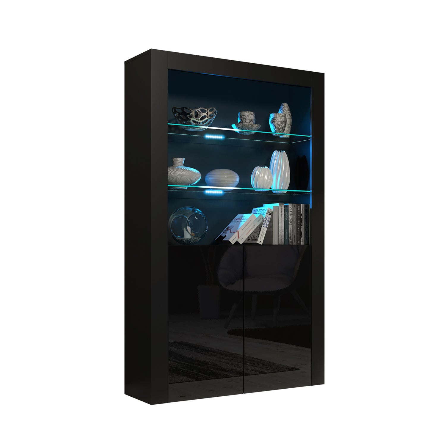 Display Cabinet – 170cm – High Gloss Doors – LED or Non-LED – Modern Showcase Sideboard – LUNARO