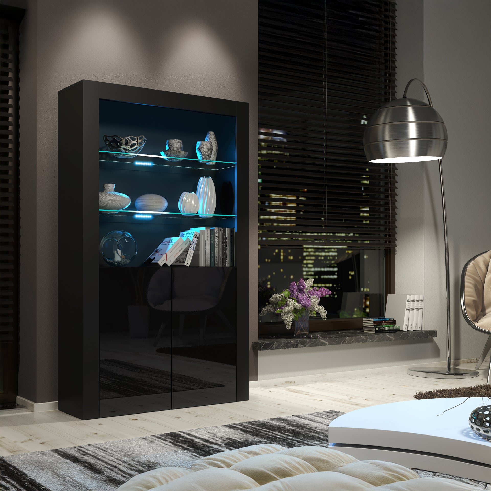 Display Cabinet – 170cm – High Gloss Doors – LED or Non-LED – Modern Showcase Sideboard – LUNARO