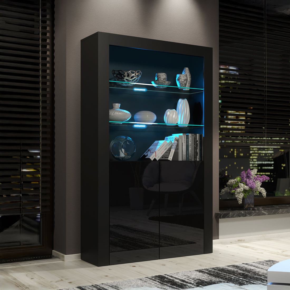 Display Cabinet – 170cm – High Gloss Doors – LED or Non-LED – Modern Showcase Sideboard – LUNARO