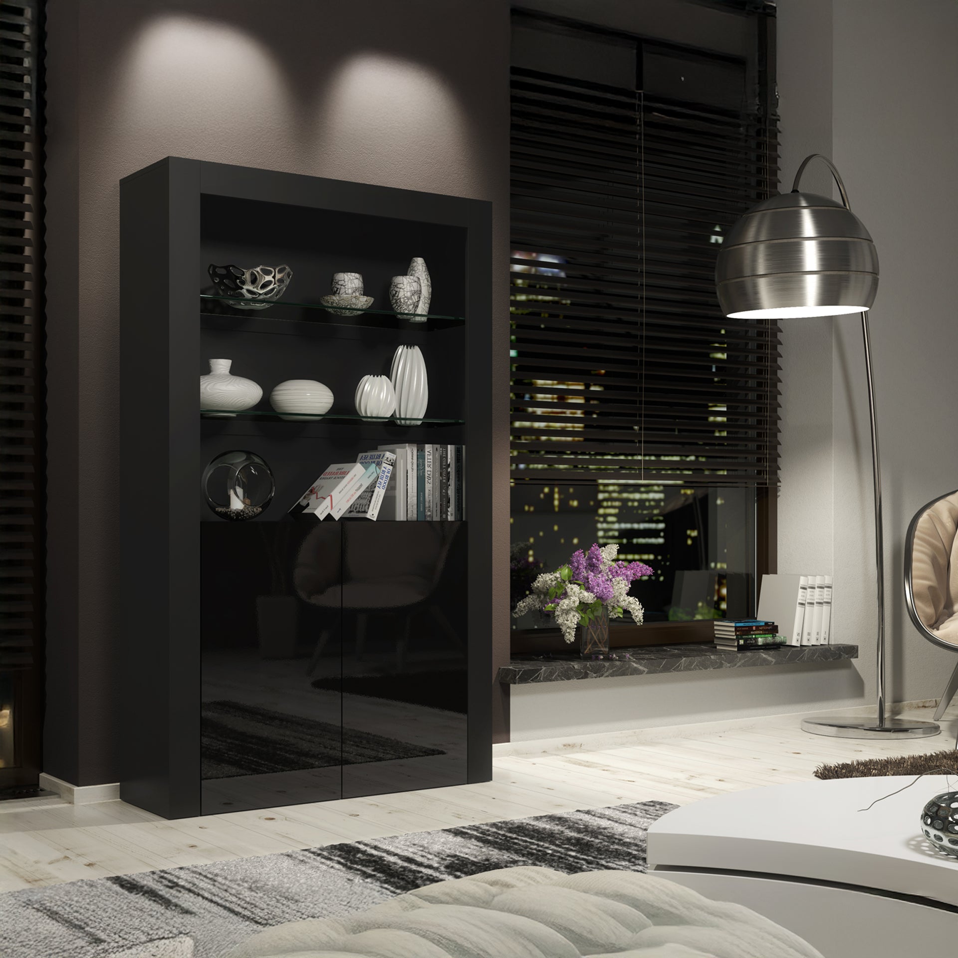 Display Cabinet – 170cm – High Gloss Doors – LED or Non-LED – Modern Showcase Sideboard – LUNARO