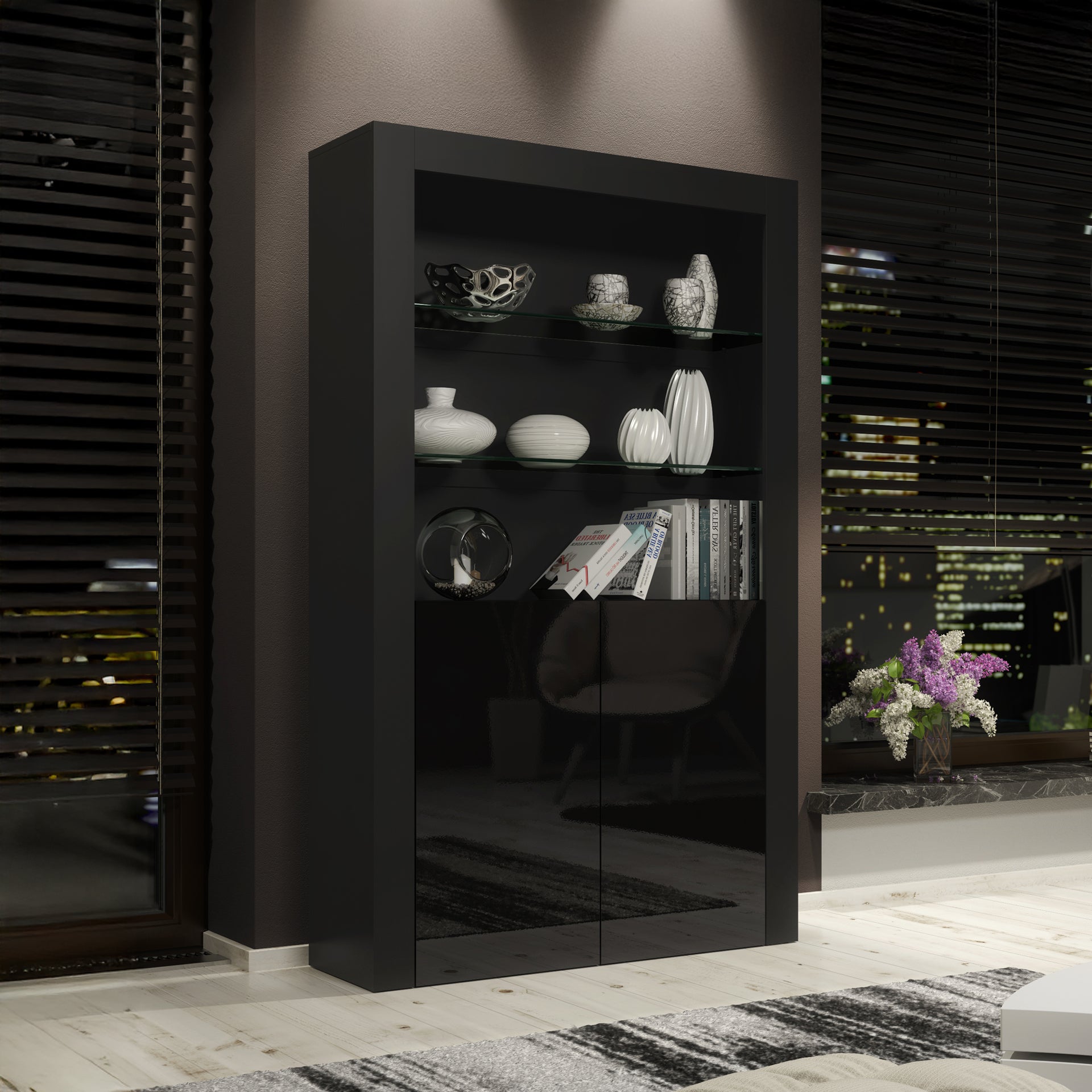 Display Cabinet – 170cm – High Gloss Doors – LED or Non-LED – Modern Showcase Sideboard – LUNARO