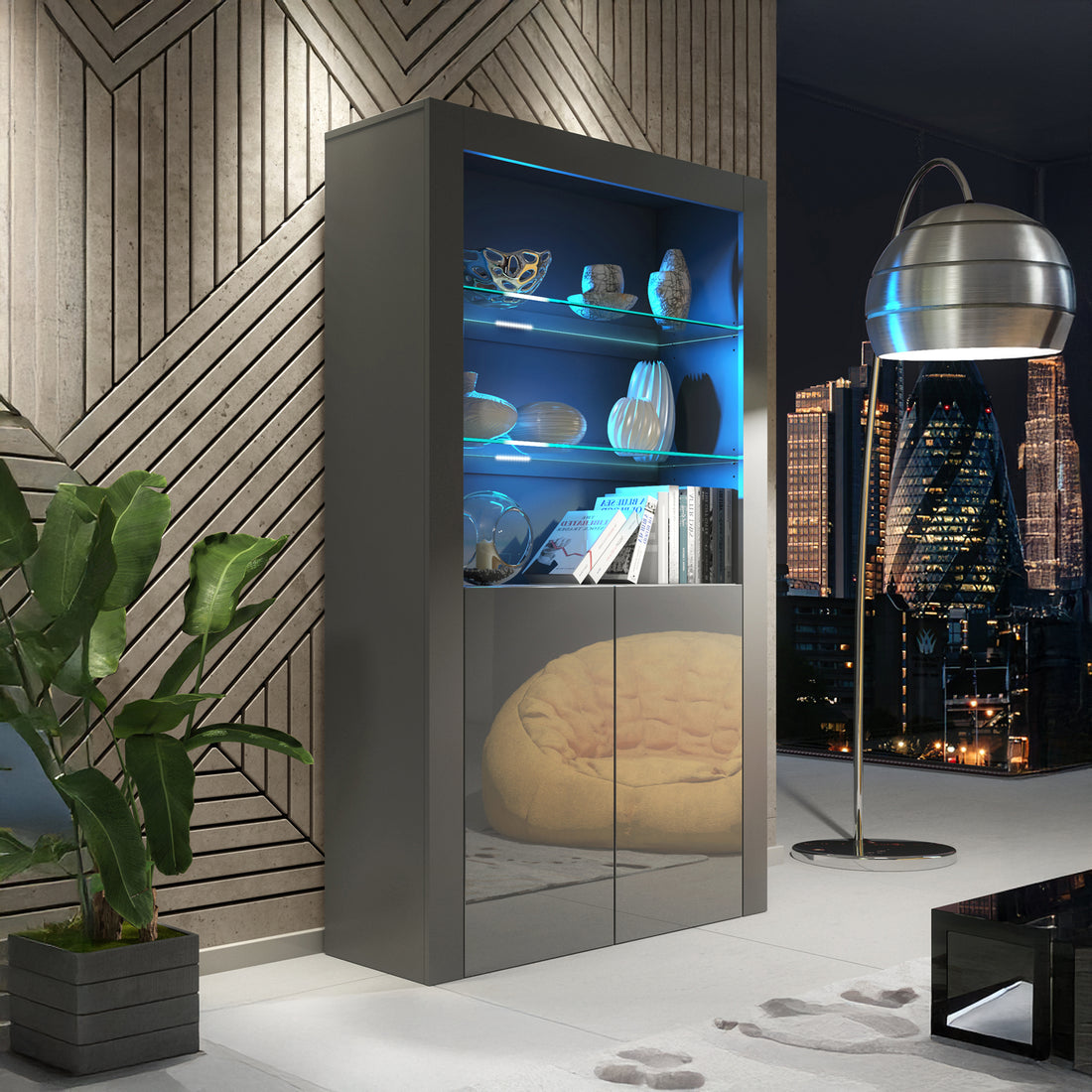 Display Cabinet – 170cm – High Gloss Doors – LED or Non-LED – Modern Showcase Sideboard – LUNARO