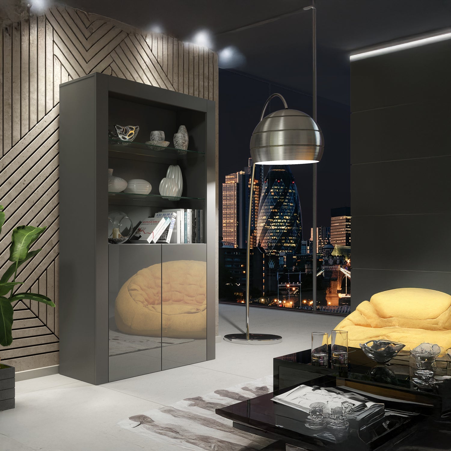 Display Cabinet – 170cm – High Gloss Doors – LED or Non-LED – Modern Showcase Sideboard – LUNARO