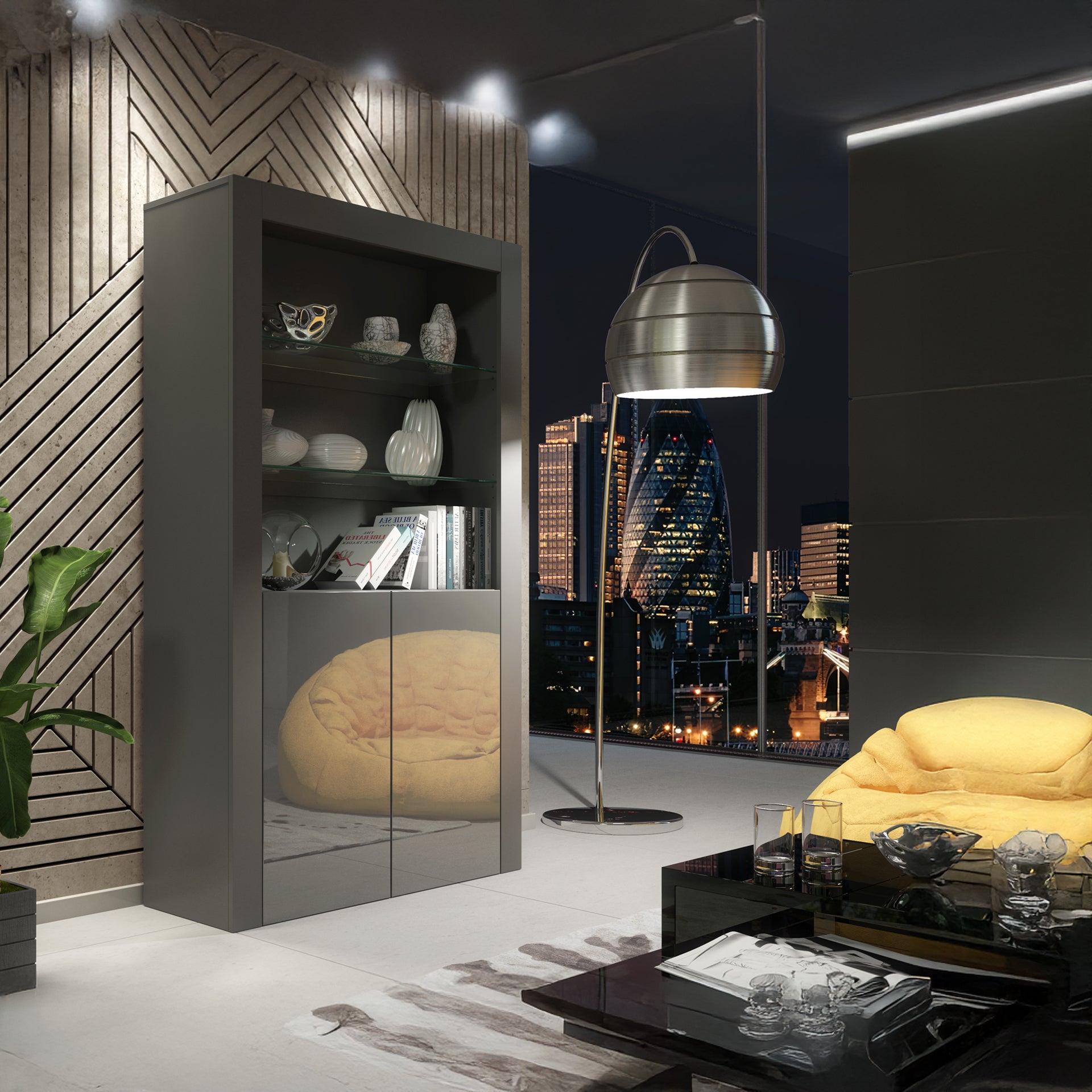 Display Cabinet – 170cm – High Gloss Doors – LED or Non-LED – Modern Showcase Sideboard – LUNARO