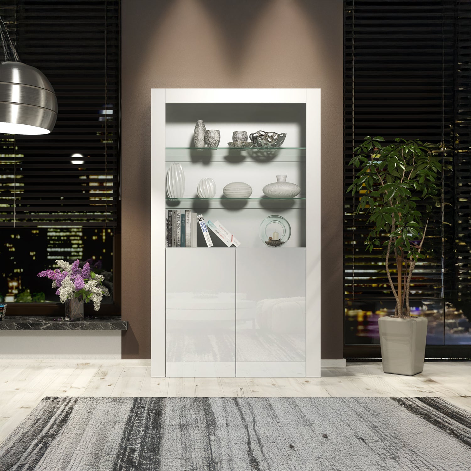 Display Cabinet – 170cm – High Gloss Doors – LED or Non-LED – Modern Showcase Sideboard – LUNARO