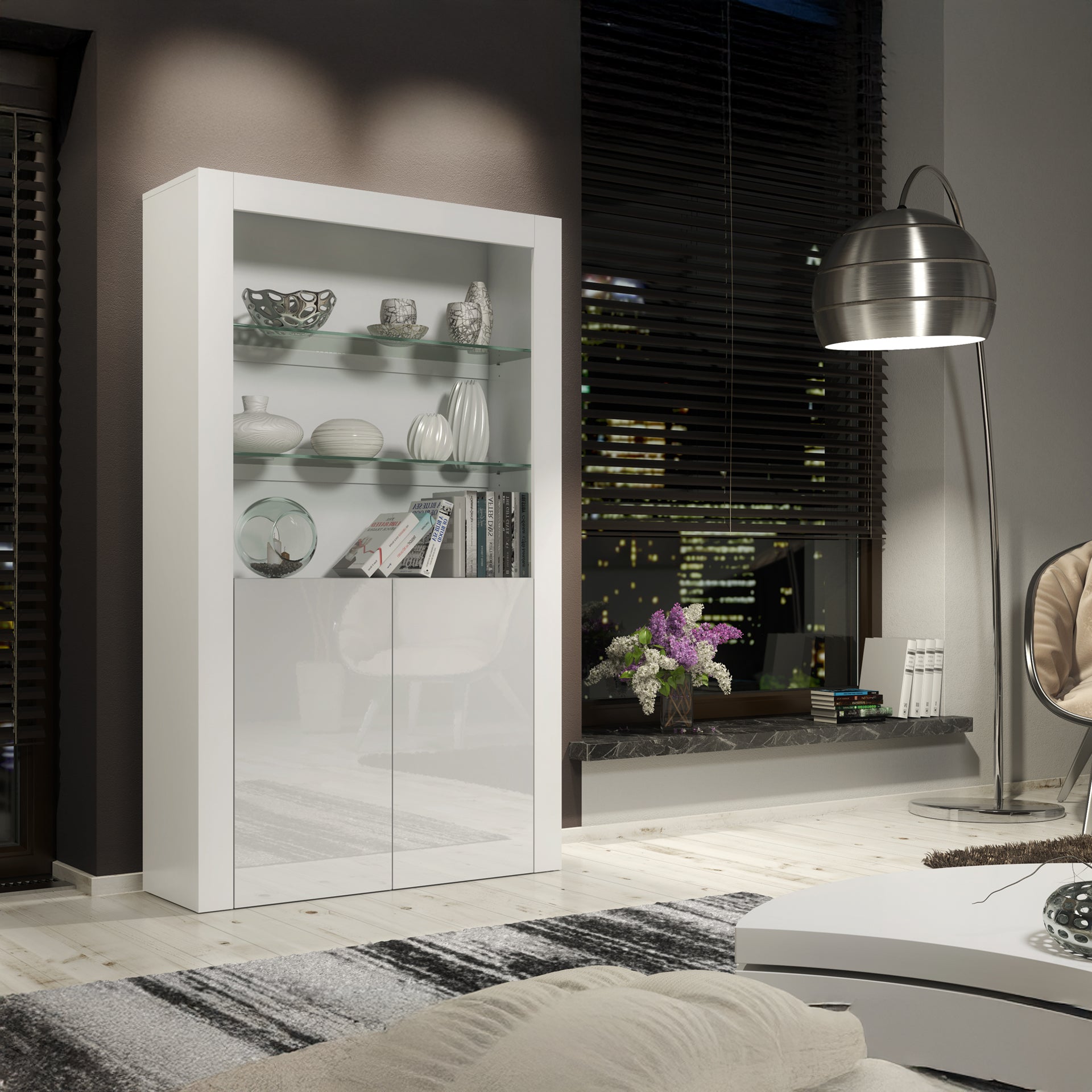 Display Cabinet – 170cm – High Gloss Doors – LED or Non-LED – Modern Showcase Sideboard – LUNARO