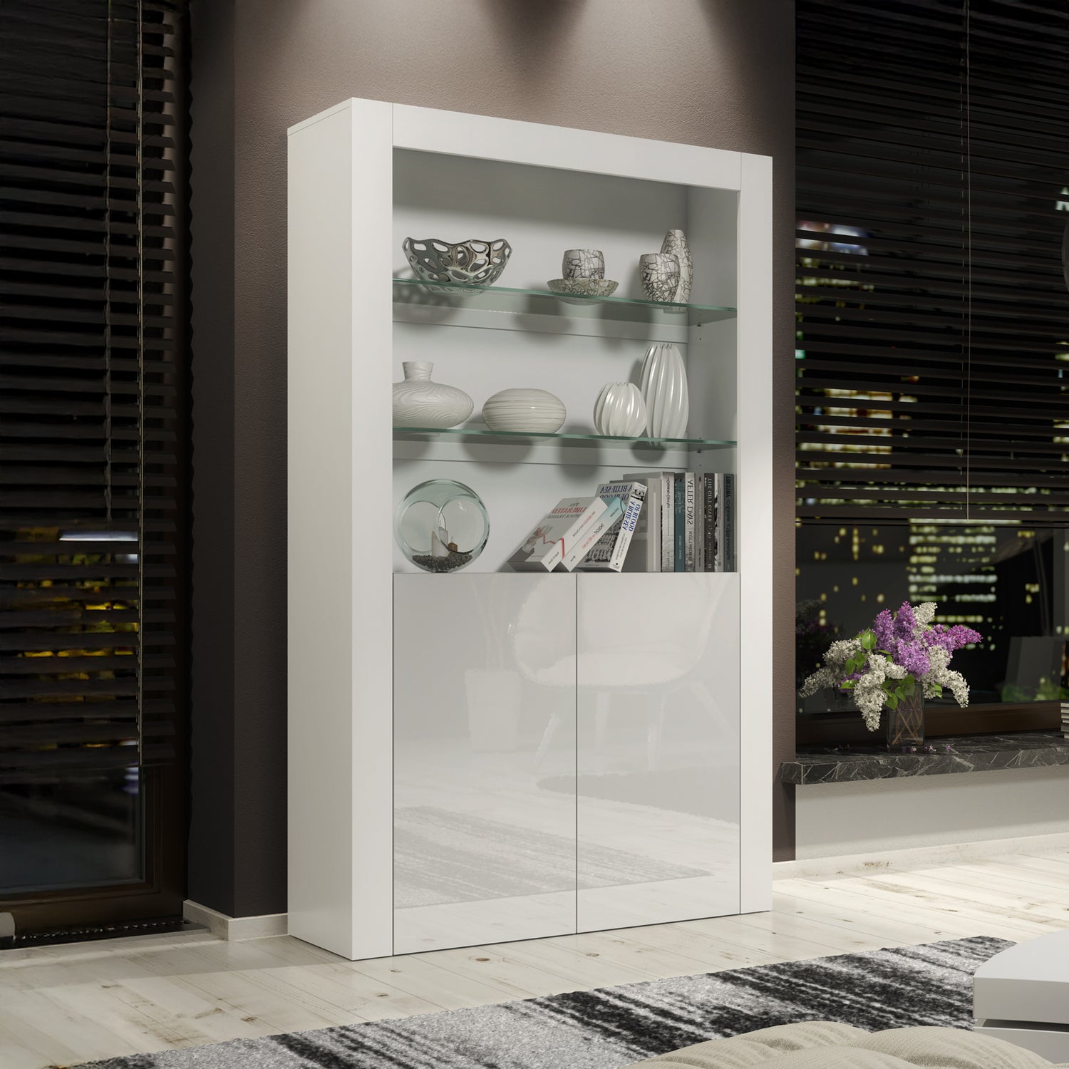 Display Cabinet – 170cm – High Gloss Doors – LED or Non-LED – Modern Showcase Sideboard – LUNARO