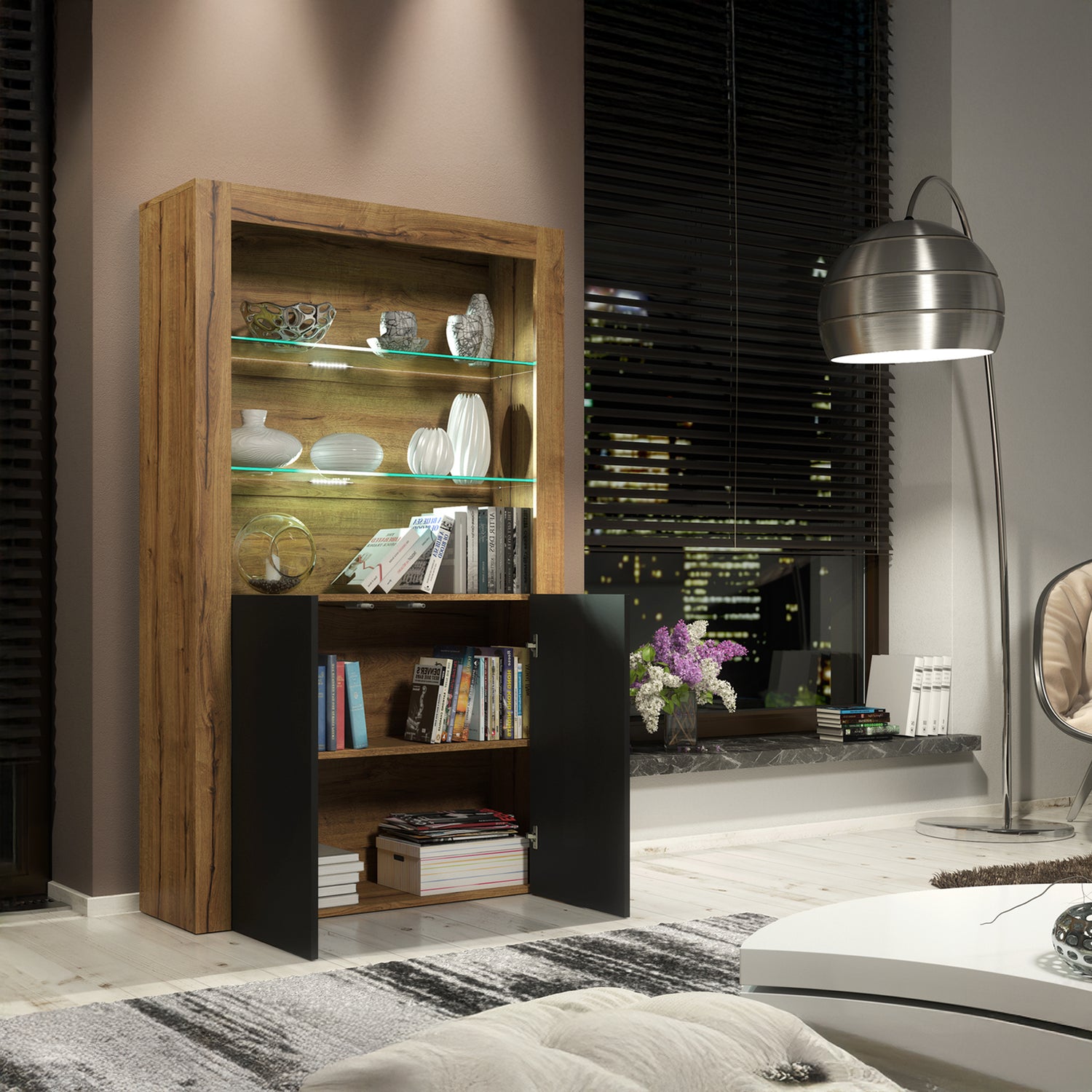 Display Cabinet – 170cm – High Gloss Doors – LED or Non-LED – Modern Showcase Sideboard – LUNARO