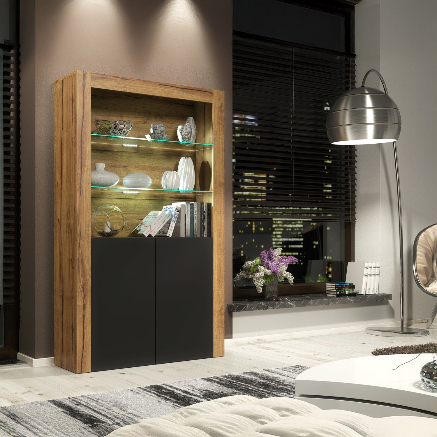 Display Cabinet – 170cm – High Gloss Doors – LED or Non-LED – Modern Showcase Sideboard – LUNARO