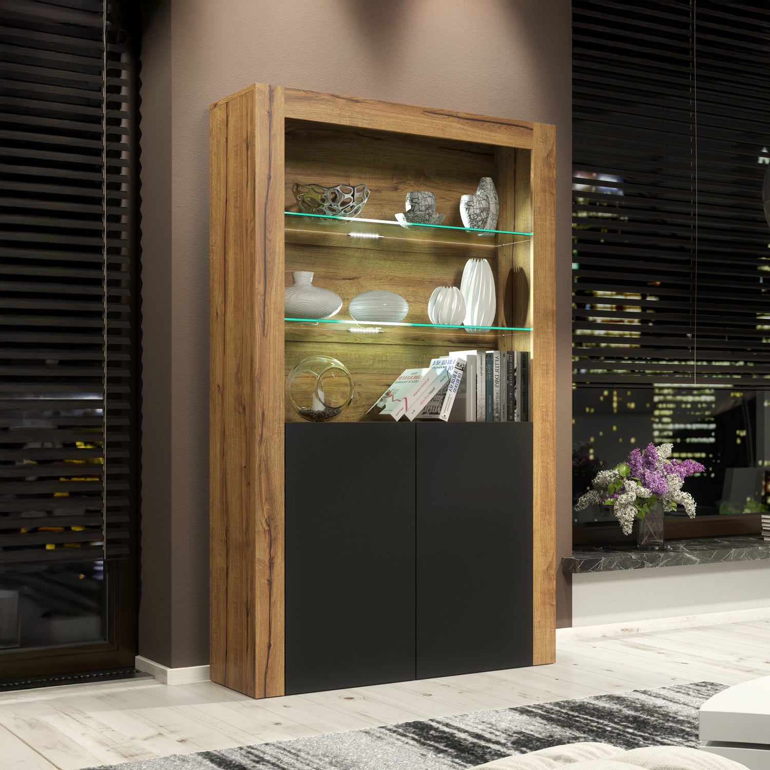 Display Cabinet – 170cm – High Gloss Doors – LED or Non-LED – Modern Showcase Sideboard – LUNARO