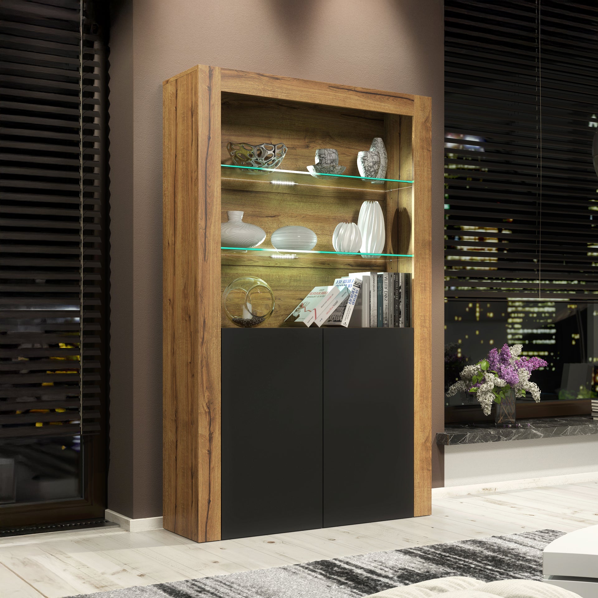 Display Cabinet – 170cm – High Gloss Doors – LED or Non-LED – Modern Showcase Sideboard – LUNARO