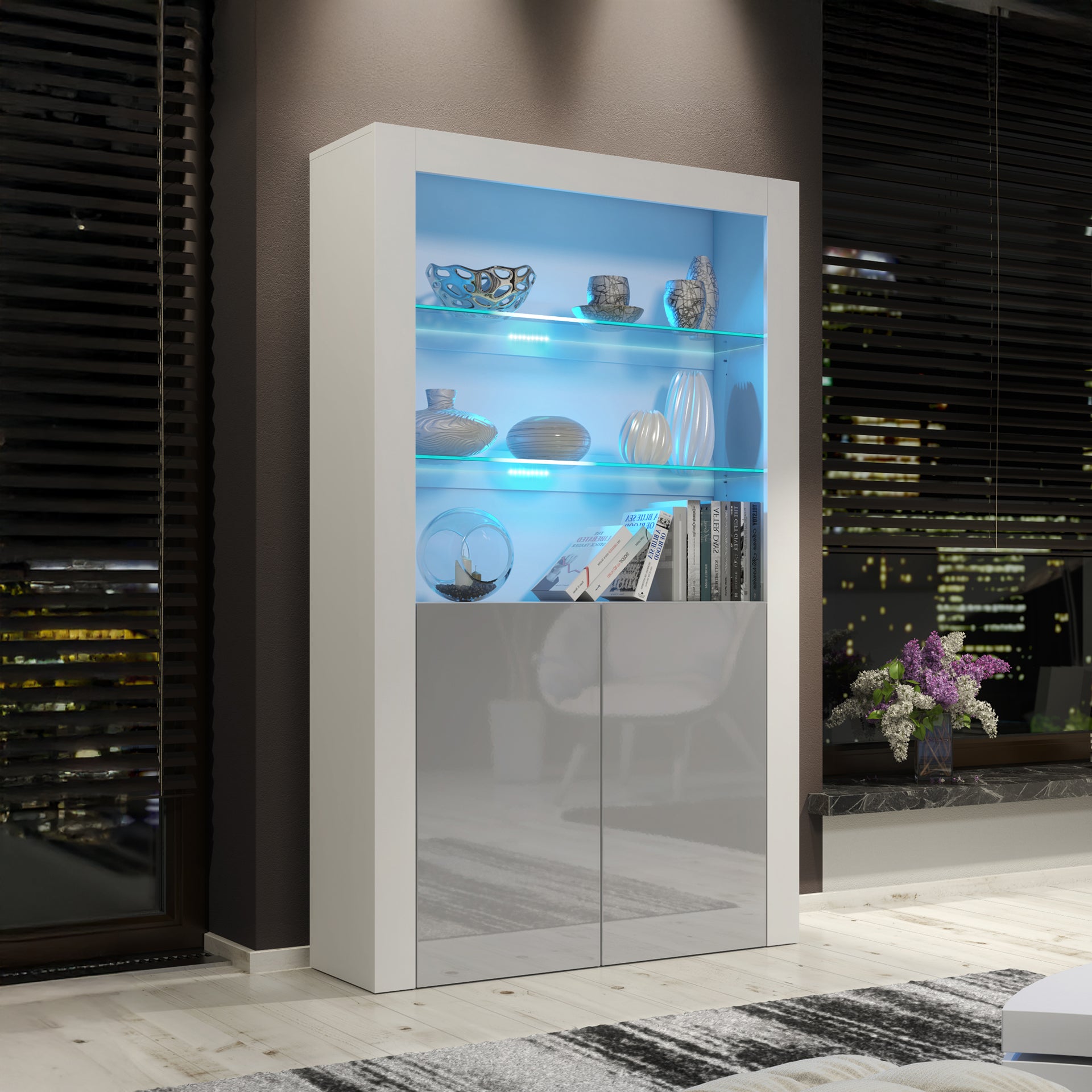 Display Cabinet – 170cm – High Gloss Doors – LED or Non-LED – Modern Showcase Sideboard – LUNARO