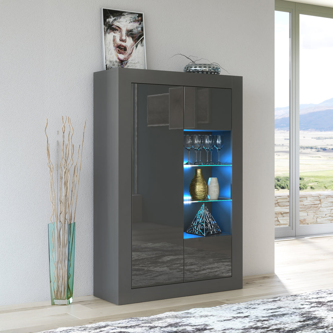 LUNARO Display Cabinet – 140cm – High Gloss Doors – LED or Non-LED – Modern Sideboard Cupboard