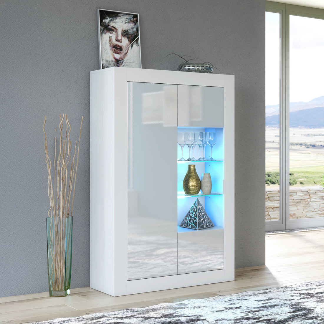 LUNARO Display Cabinet – 140cm – High Gloss Doors – LED or Non-LED – Modern Sideboard Cupboard