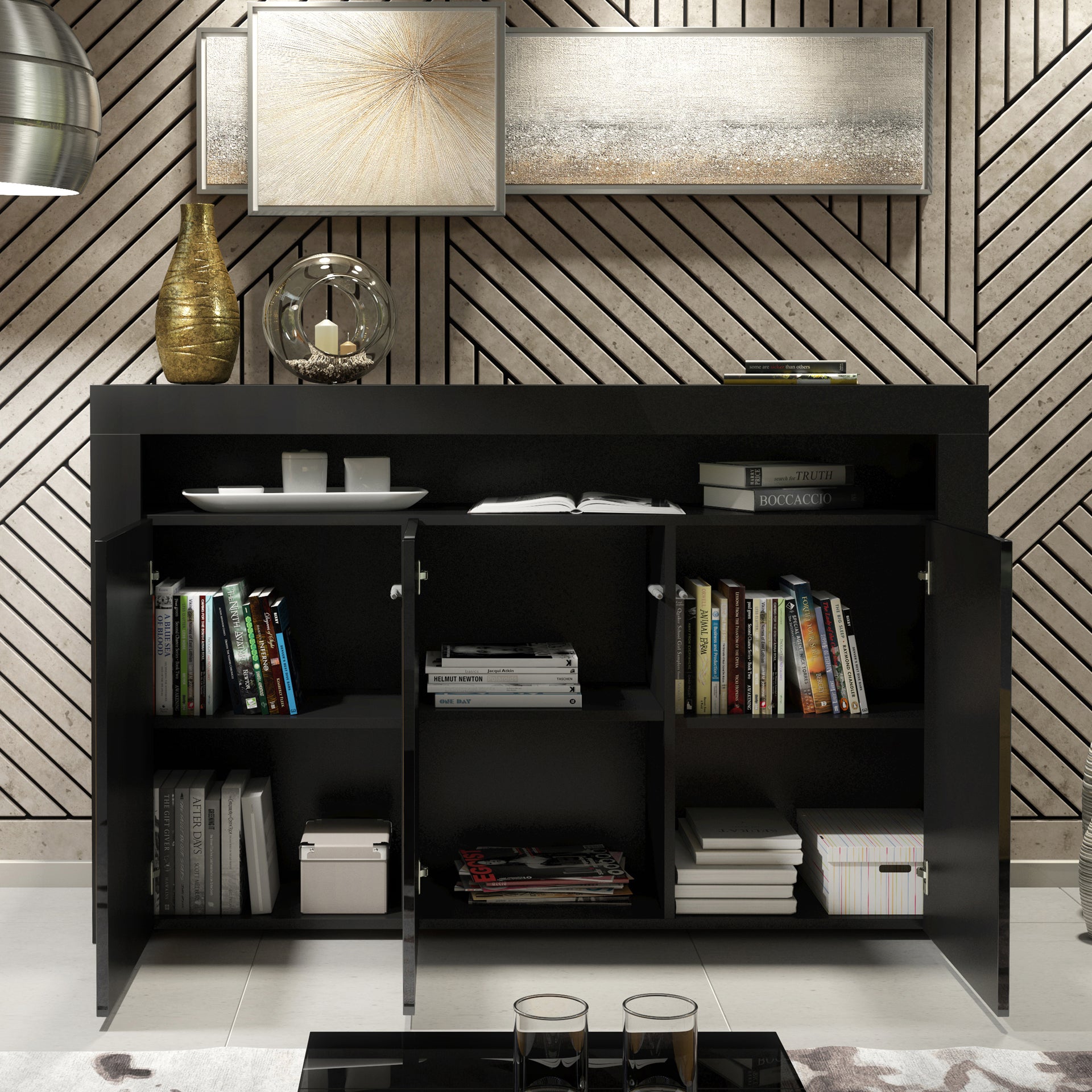 Sideboard Cabinet – 155cm – High Gloss Doors – LED or Non-LED – Modern Storage Unit – LUNARO