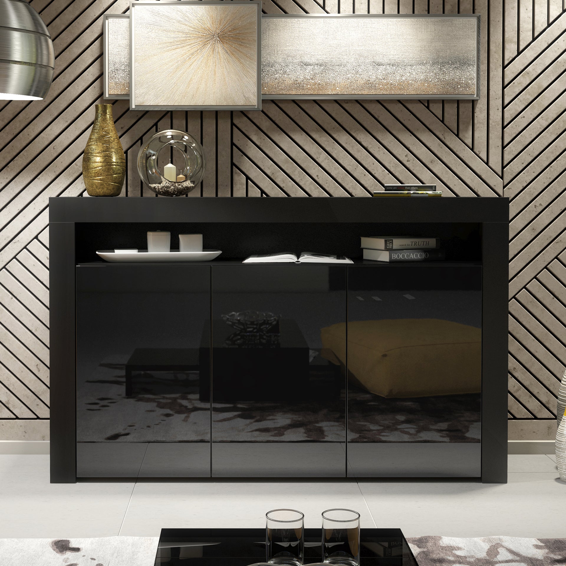 Sideboard Cabinet – 155cm – High Gloss Doors – LED or Non-LED – Modern Storage Unit – LUNARO