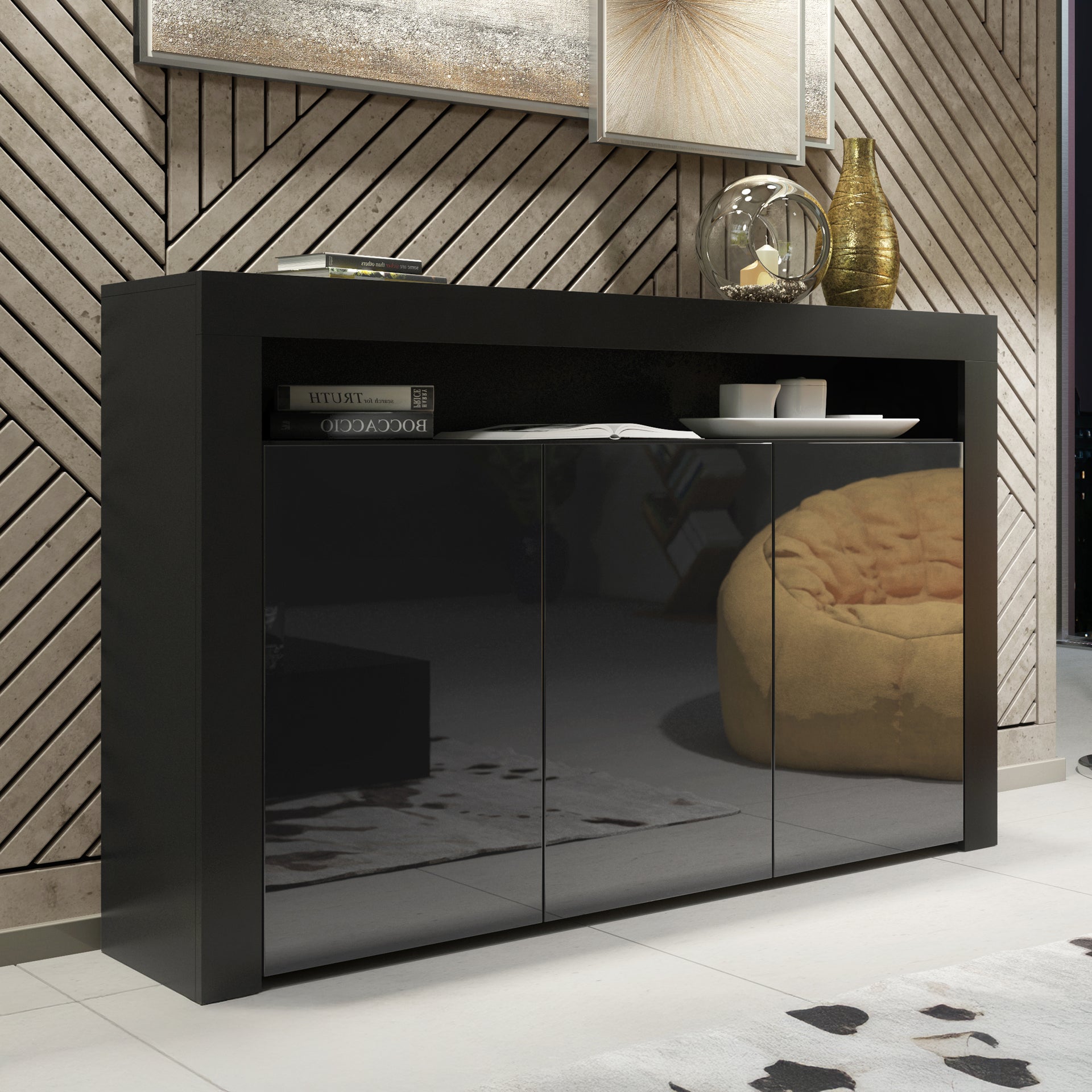 Sideboard Cabinet – 155cm – High Gloss Doors – LED or Non-LED – Modern Storage Unit – LUNARO