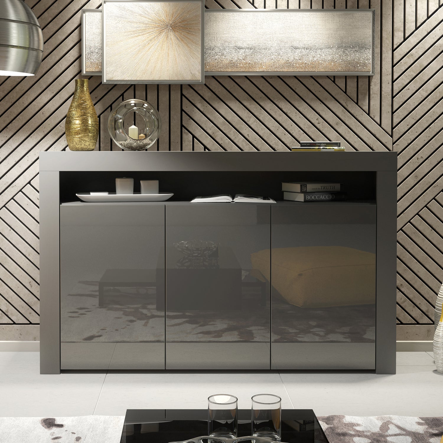 Sideboard Cabinet – 155cm – High Gloss Doors – LED or Non-LED – Modern Storage Unit – LUNARO