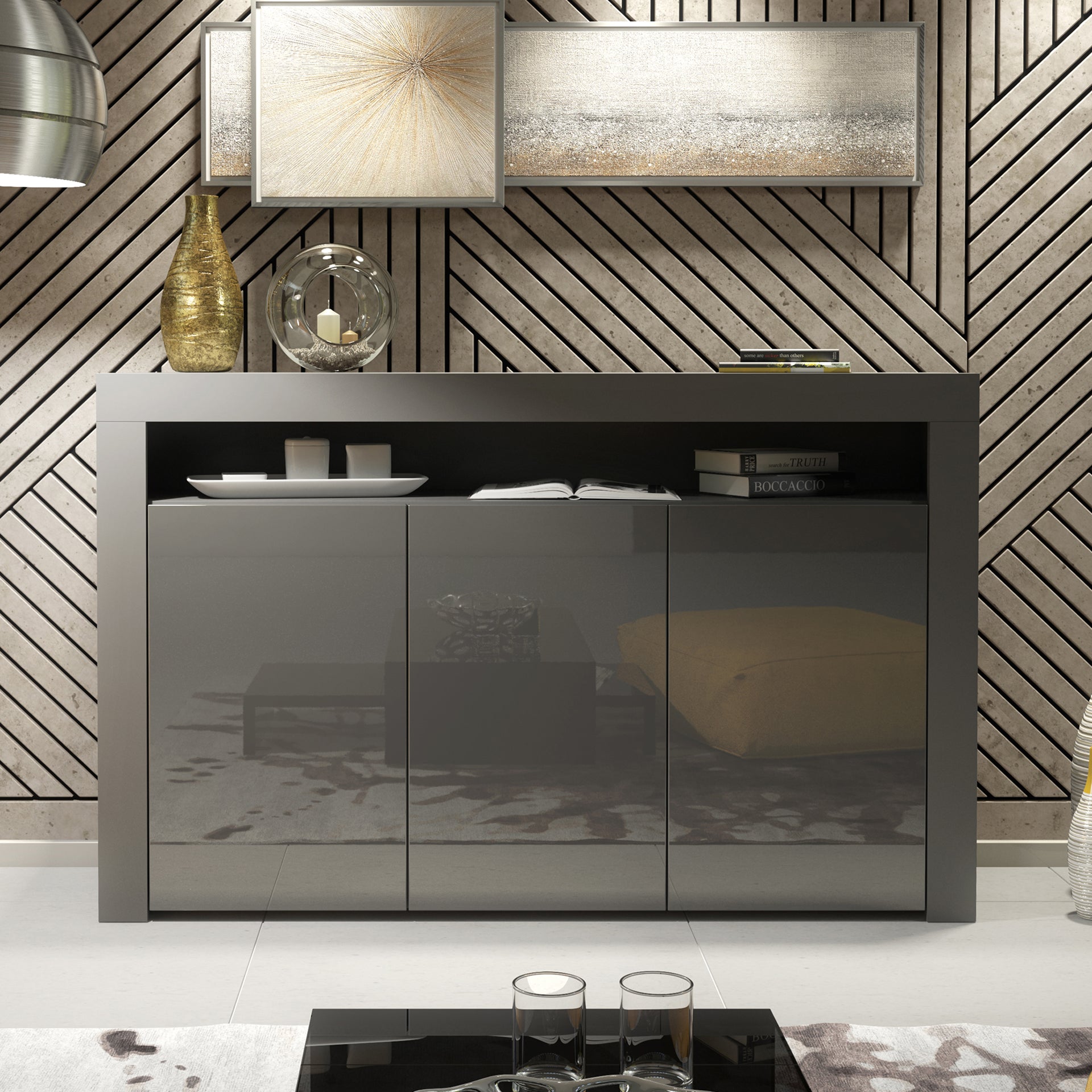 Sideboard Cabinet – 155cm – High Gloss Doors – LED or Non-LED – Modern Storage Unit – LUNARO