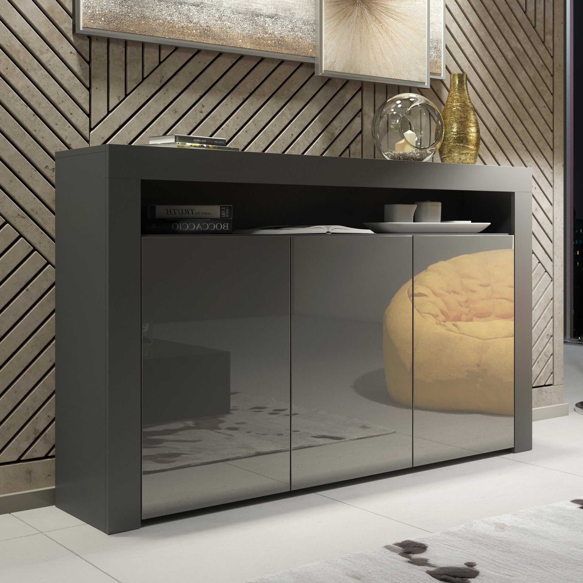 Sideboard Cabinet – 155cm – High Gloss Doors – LED or Non-LED – Modern Storage Unit – LUNARO