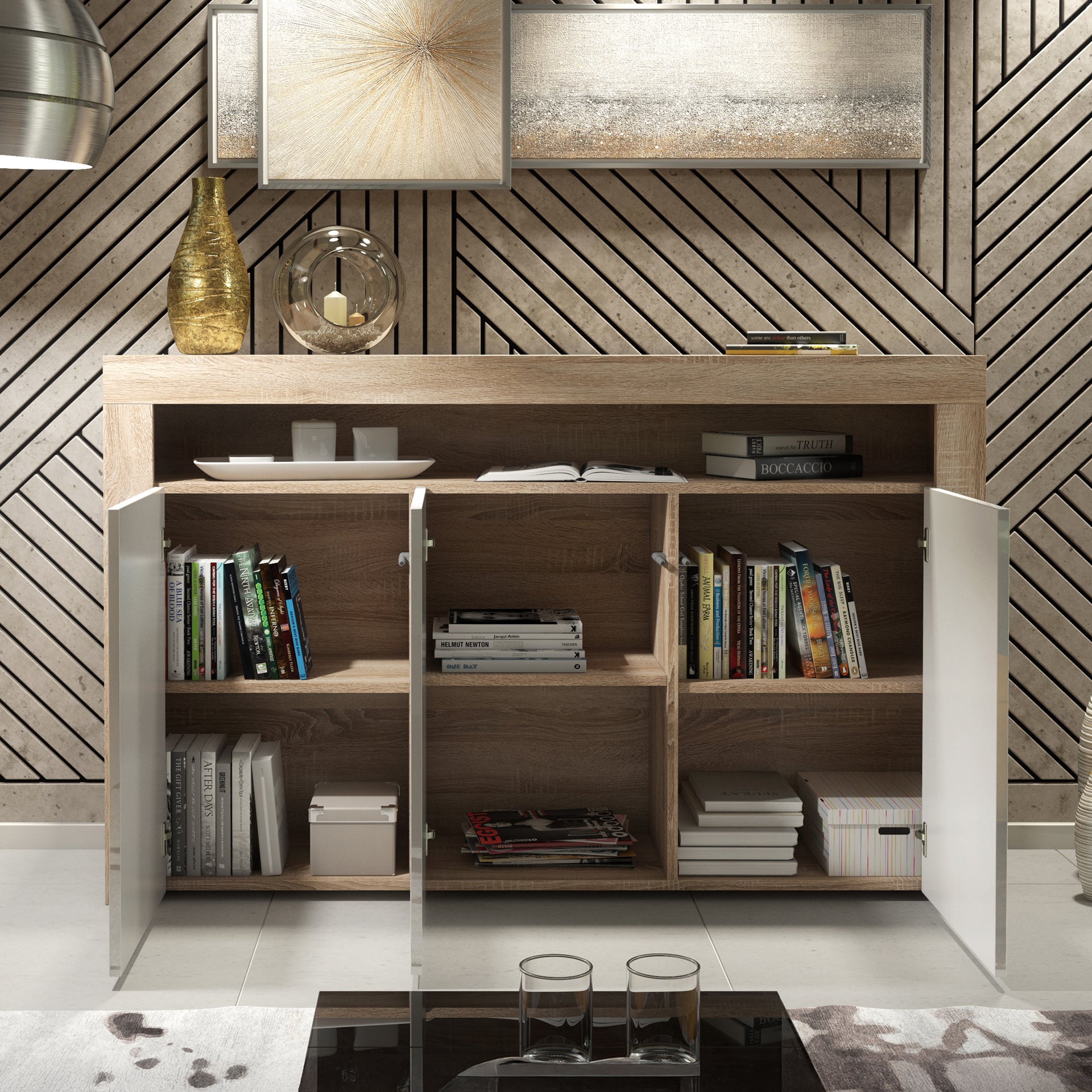 Sideboard Cabinet – 155cm – High Gloss Doors – LED or Non-LED – Modern Storage Unit – LUNARO