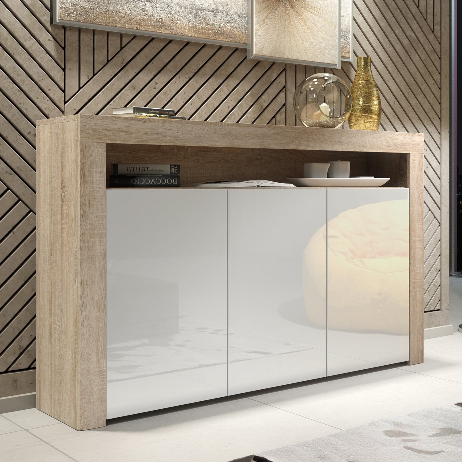 Sideboard Cabinet – 155cm – High Gloss Doors – LED or Non-LED – Modern Storage Unit – LUNARO