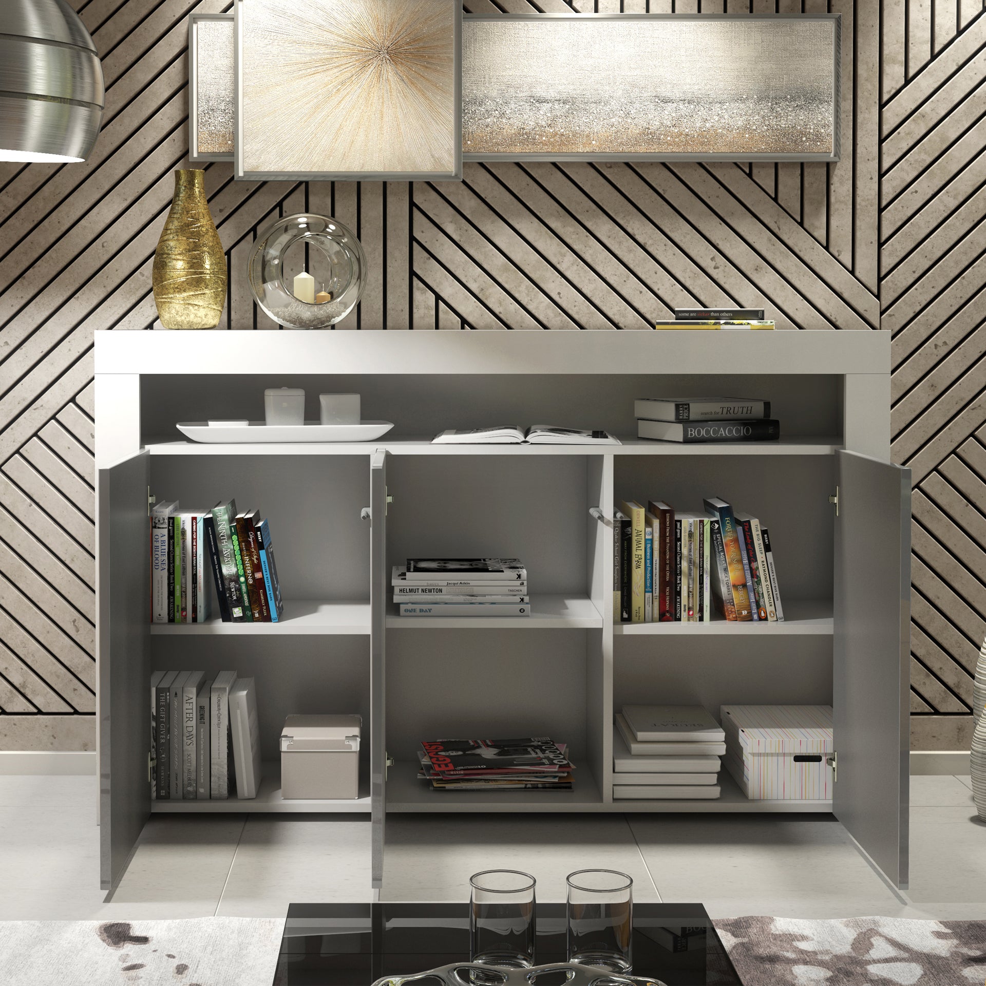 Sideboard Cabinet – 155cm – High Gloss Doors – LED or Non-LED – Modern Storage Unit – LUNARO