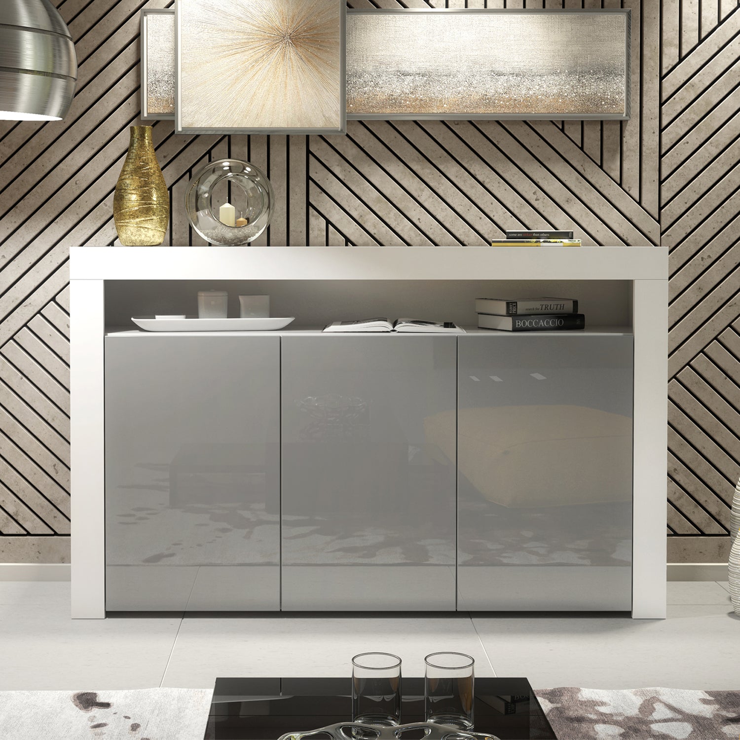 Sideboard Cabinet – 155cm – High Gloss Doors – LED or Non-LED – Modern Storage Unit – LUNARO