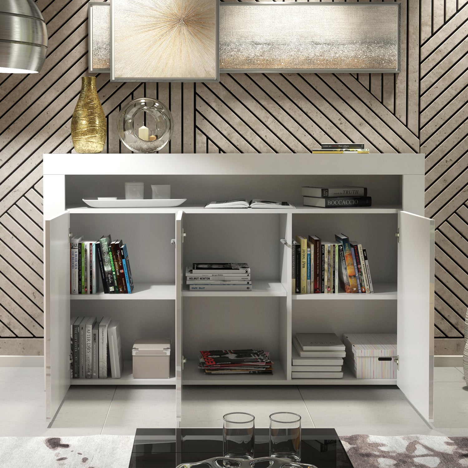 Sideboard Cabinet – 155cm – High Gloss Doors – LED or Non-LED – Modern Storage Unit – LUNARO