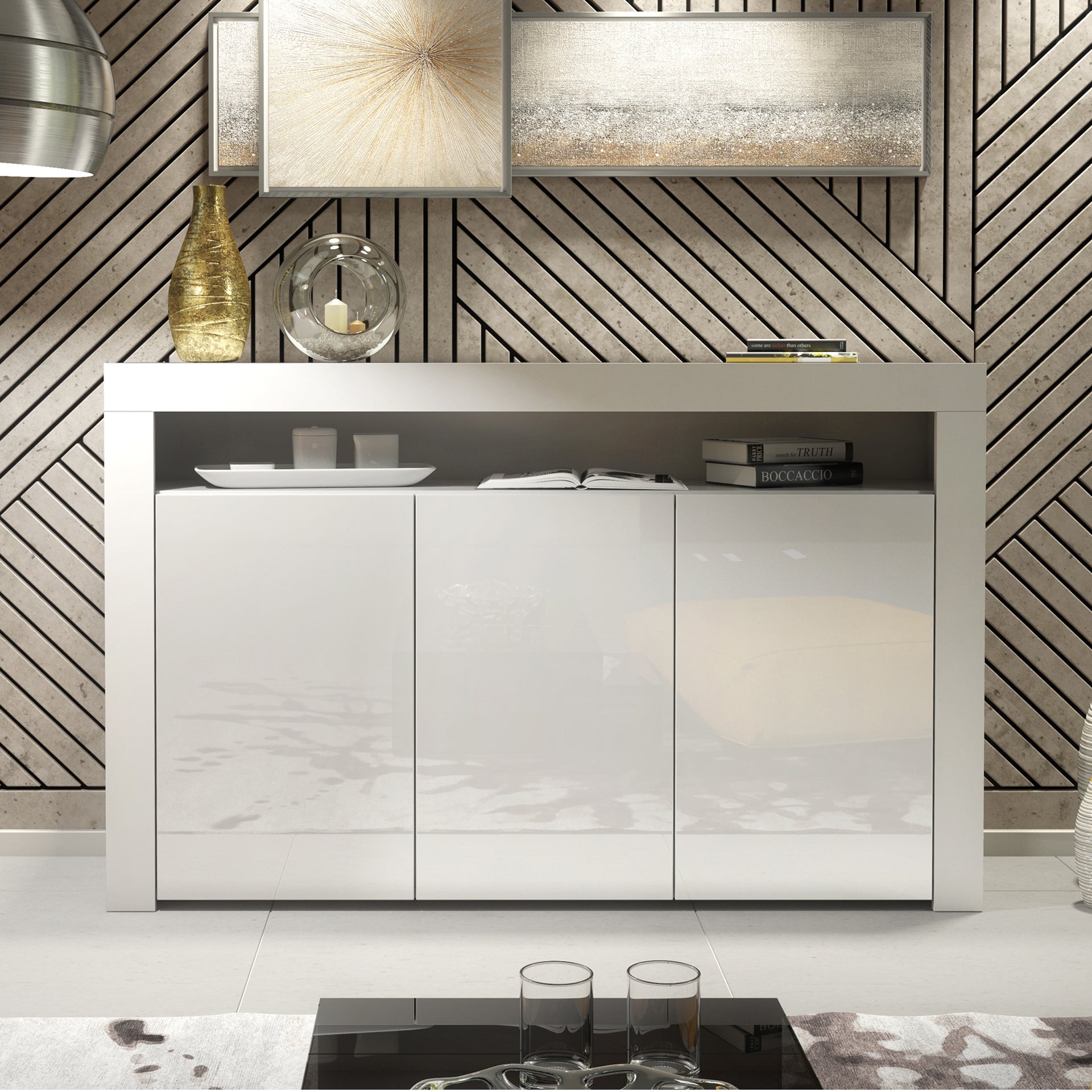 Sideboard Cabinet – 155cm – High Gloss Doors – LED or Non-LED – Modern Storage Unit – LUNARO