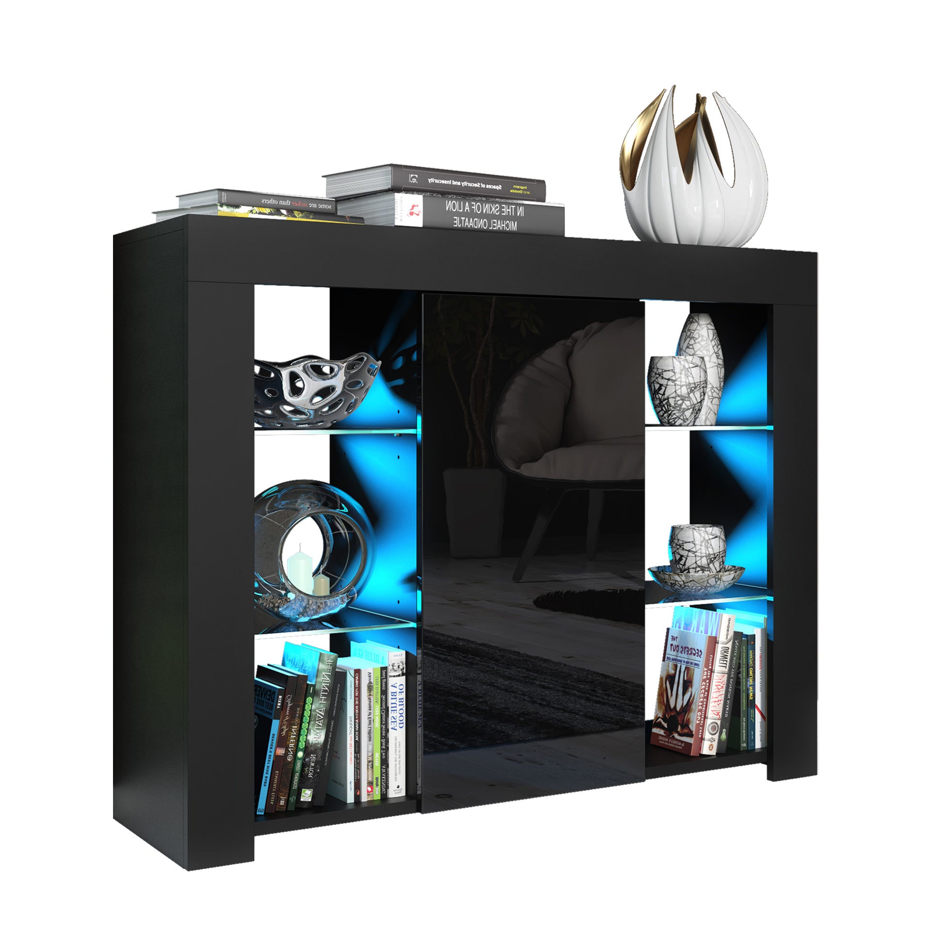 Modern Sideboard Cabinet | 97.5cm | High Gloss Door | LED or Non-LED | Black, Dark Grey, Oak &amp; Black, Oak &amp; White, White &amp; Grey, White