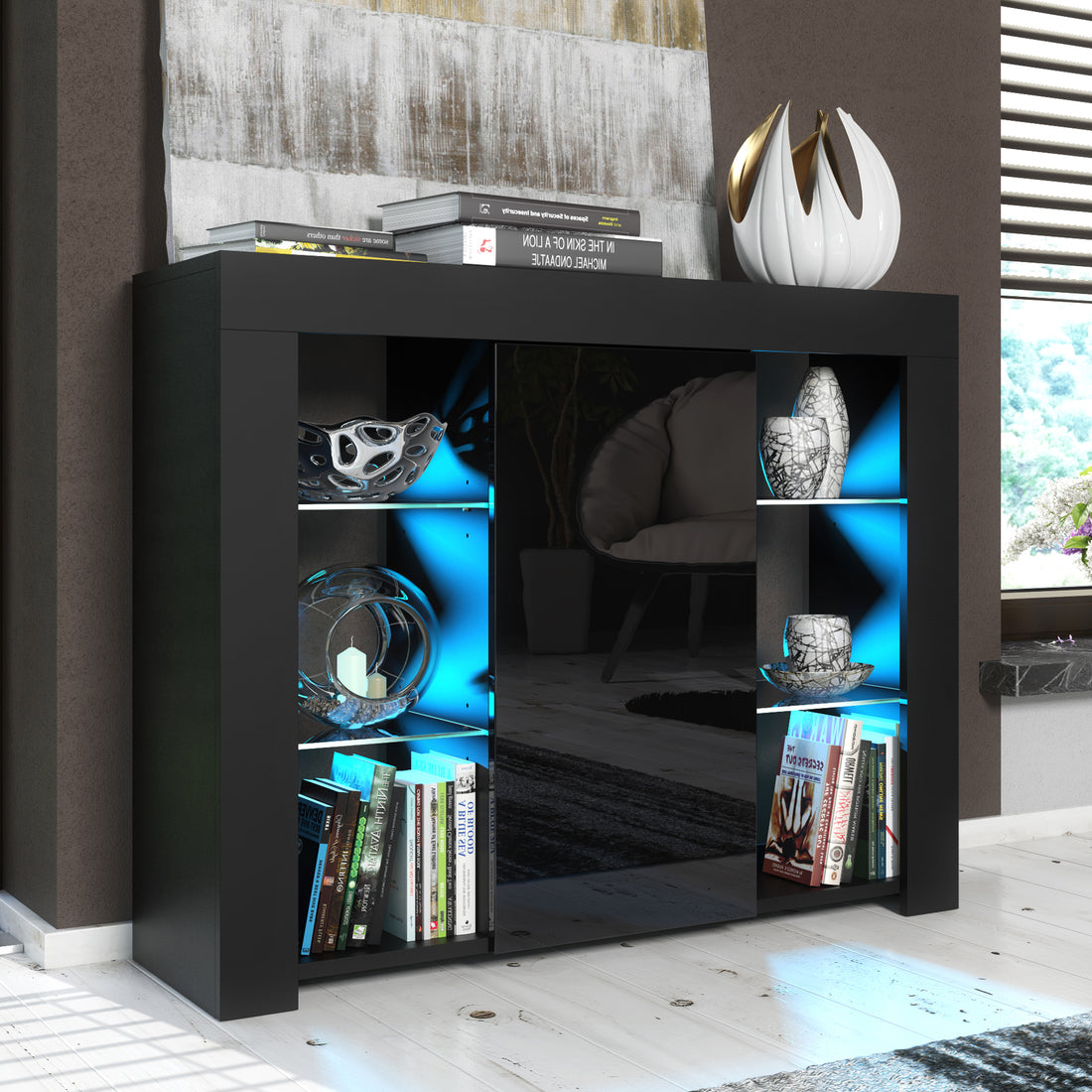 Modern Sideboard Cabinet | 97.5cm | High Gloss Door | LED or Non-LED | Black, Dark Grey, Oak &amp; Black, Oak &amp; White, White &amp; Grey, White