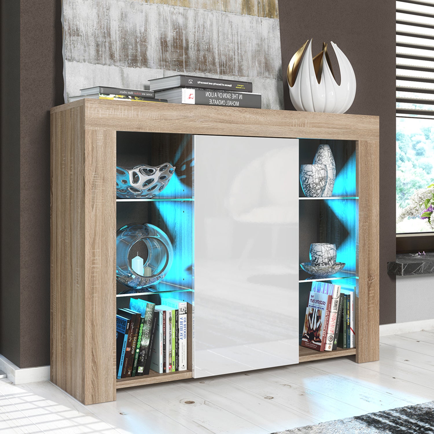 Modern Sideboard Cabinet | 97.5cm | High Gloss Door | LED or Non-LED | Black, Dark Grey, Oak &amp; Black, Oak &amp; White, White &amp; Grey, White