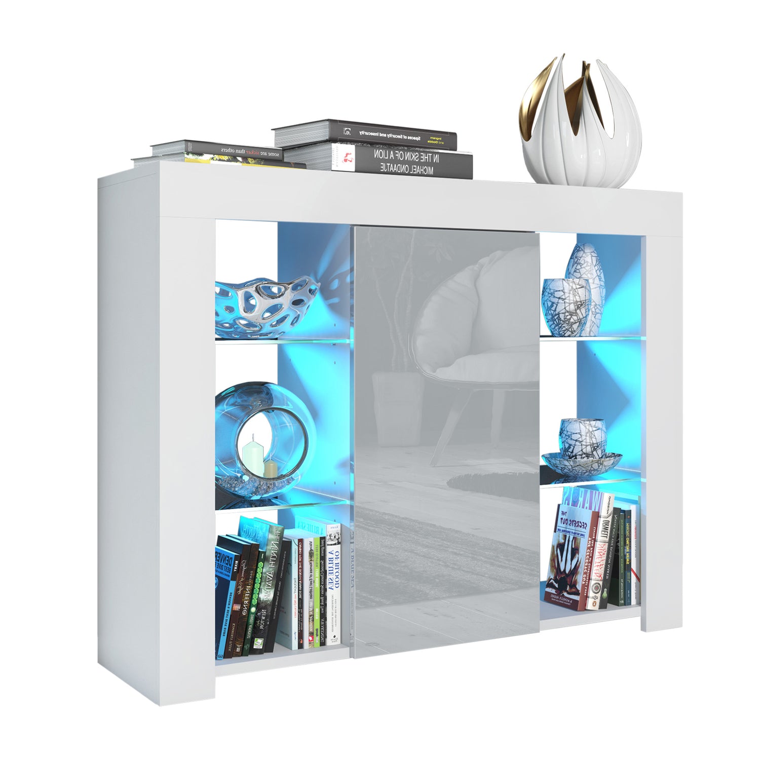 Modern Sideboard Cabinet | 97.5cm | High Gloss Door | LED or Non-LED | Black, Dark Grey, Oak &amp; Black, Oak &amp; White, White &amp; Grey, White