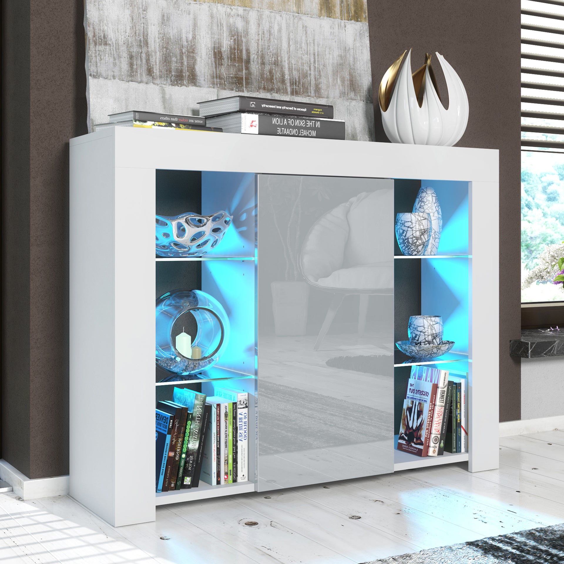 Modern Sideboard Cabinet | 97.5cm | High Gloss Door | LED or Non-LED | Black, Dark Grey, Oak &amp; Black, Oak &amp; White, White &amp; Grey, White