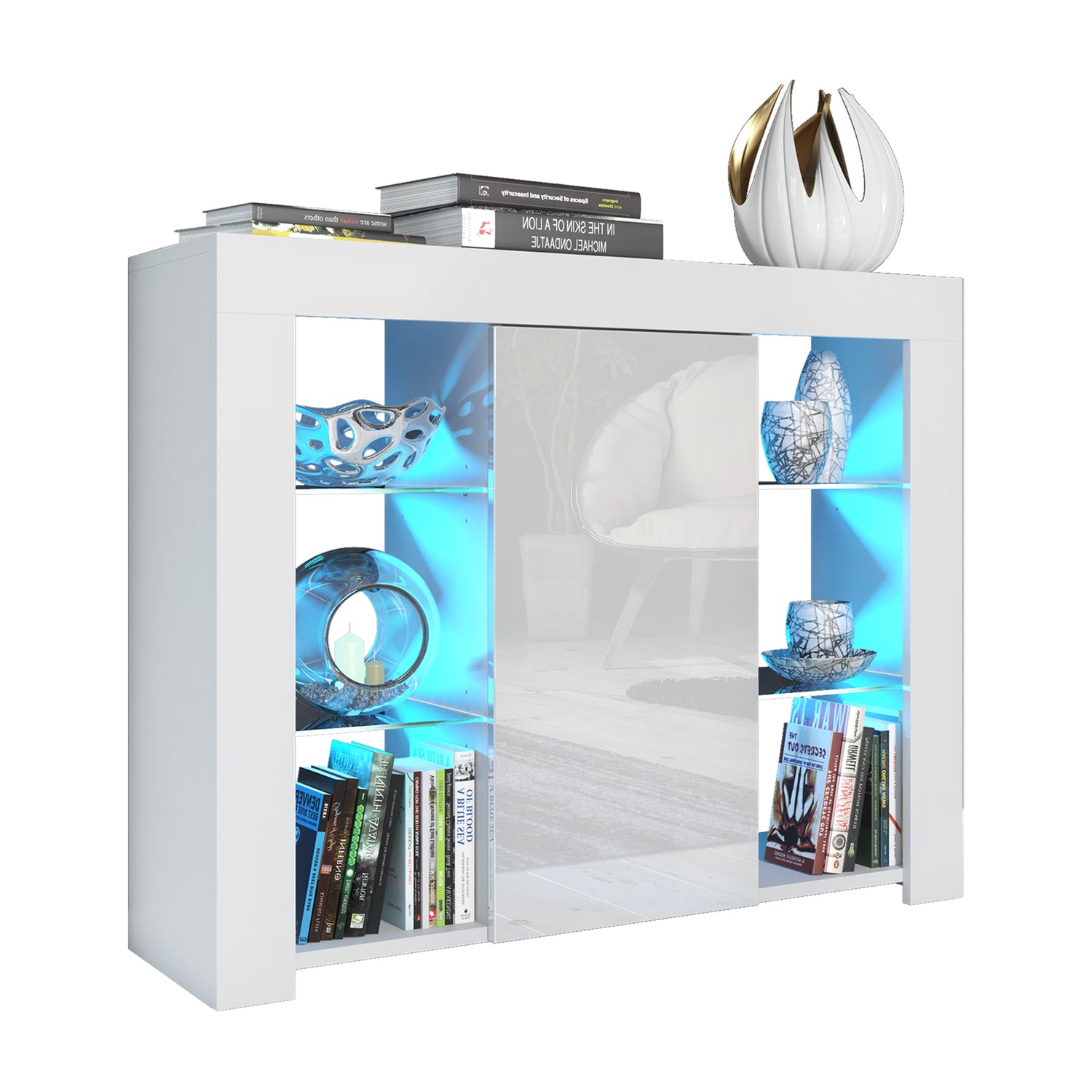 Modern Sideboard Cabinet | 97.5cm | High Gloss Door | LED or Non-LED | Black, Dark Grey, Oak &amp; Black, Oak &amp; White, White &amp; Grey, White