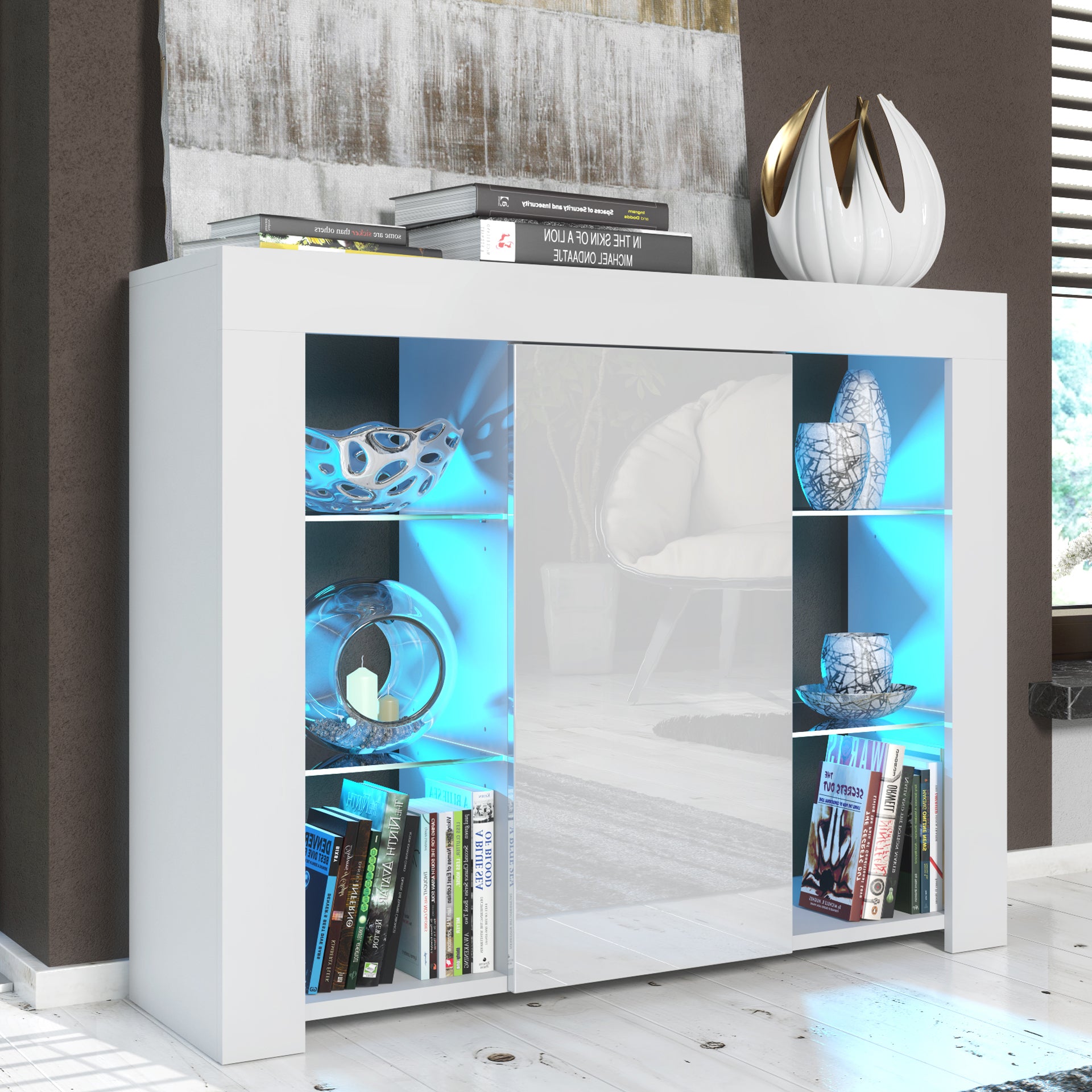 Modern Sideboard Cabinet | 97.5cm | High Gloss Door | LED or Non-LED | Black, Dark Grey, Oak &amp; Black, Oak &amp; White, White &amp; Grey, White