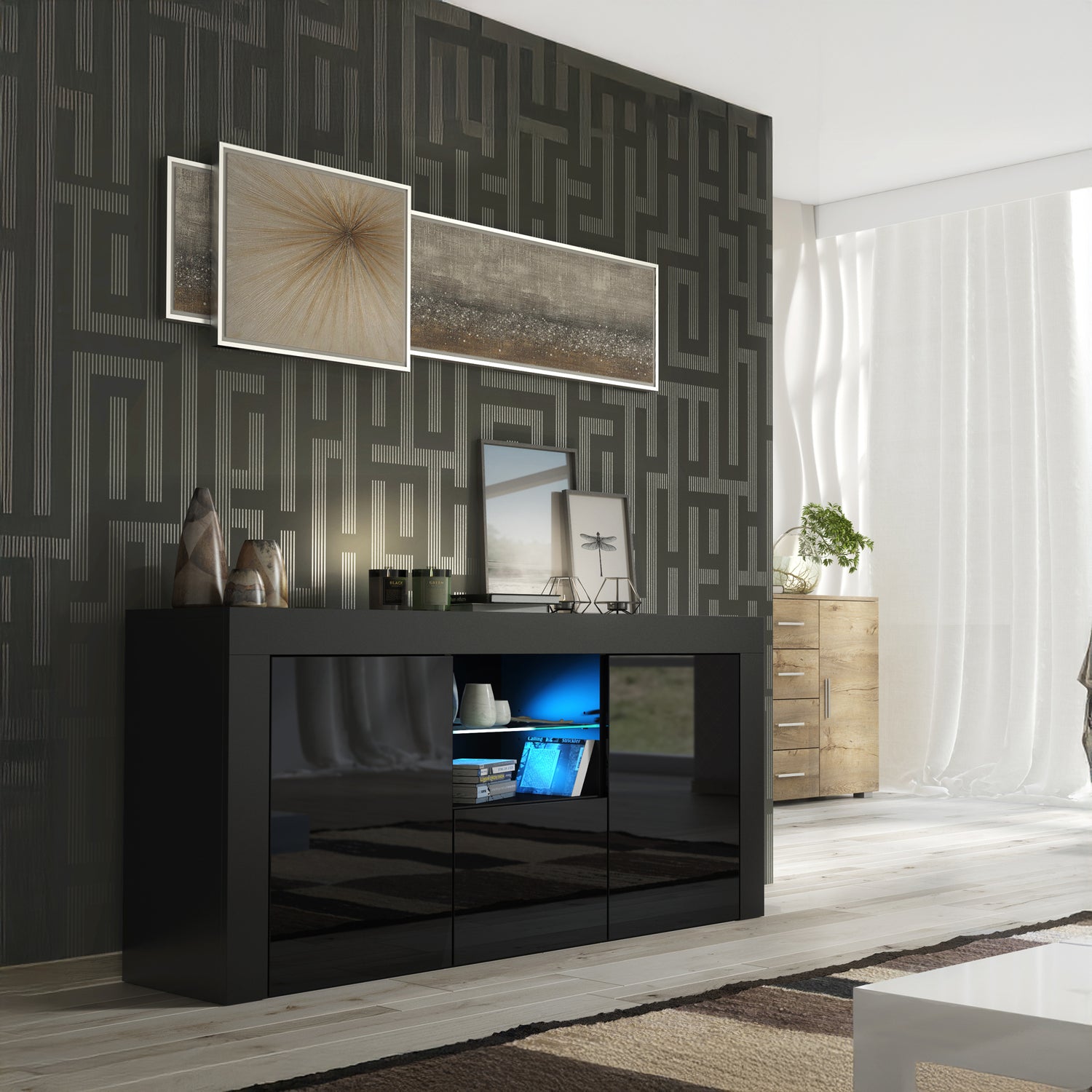 Sideboard – 145cm – High Gloss Doors – LED or Non-LED – Modern Sideboard Cabinet – LUNARO