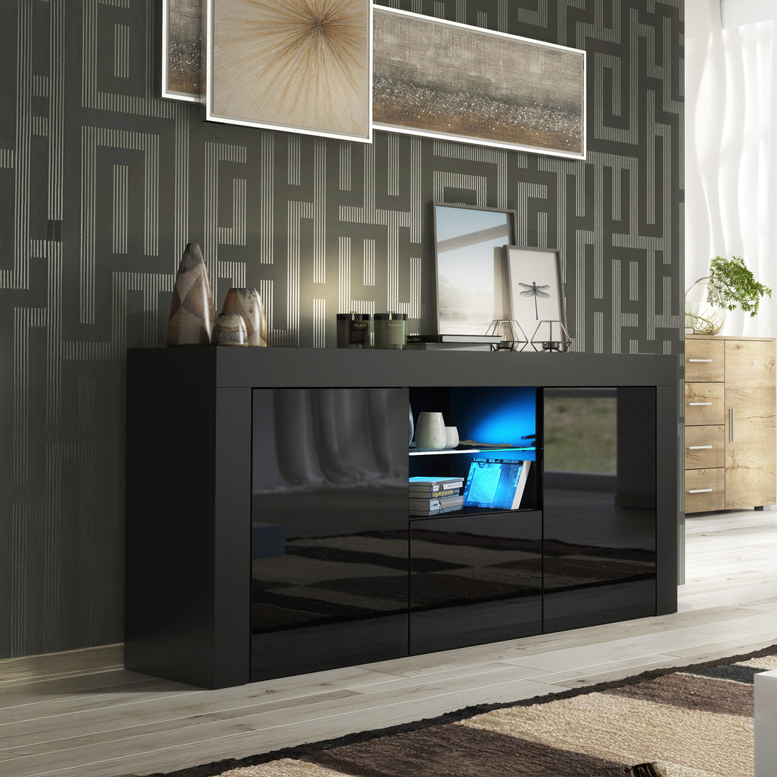 Sideboard – 145cm – High Gloss Doors – LED or Non-LED – Modern Sideboard Cabinet – LUNARO