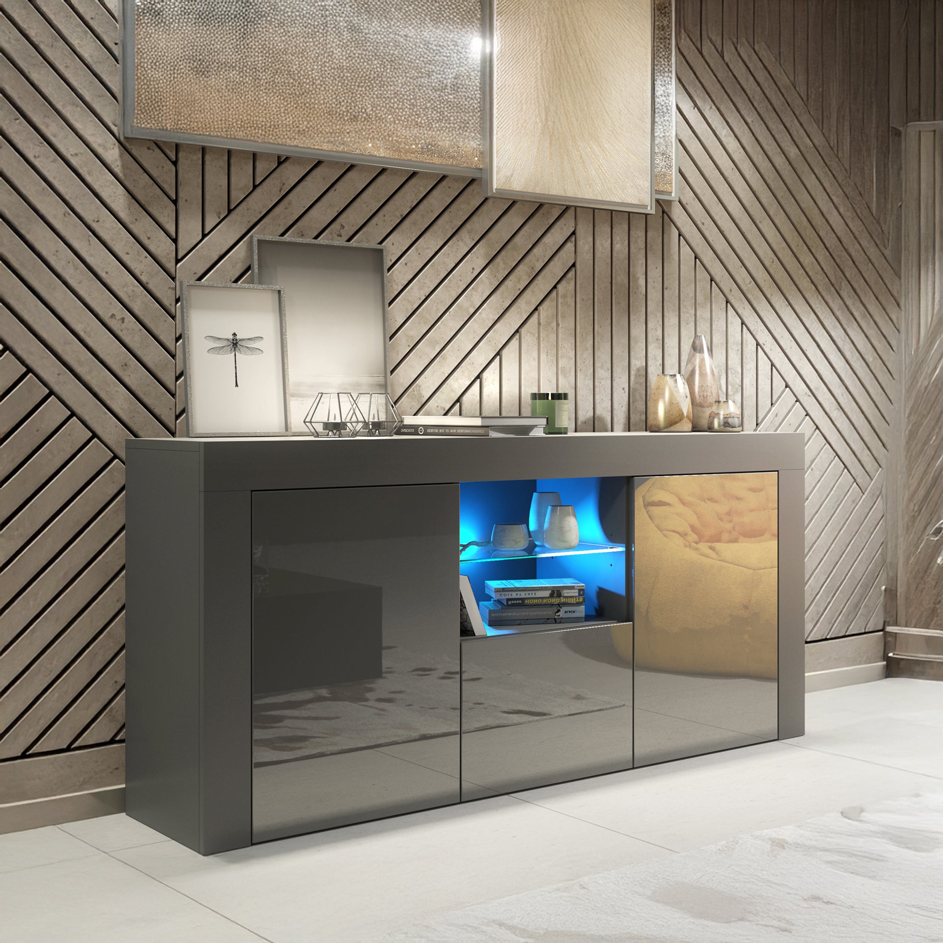 Sideboard – 145cm – High Gloss Doors – LED or Non-LED – Modern Sideboard Cabinet – LUNARO
