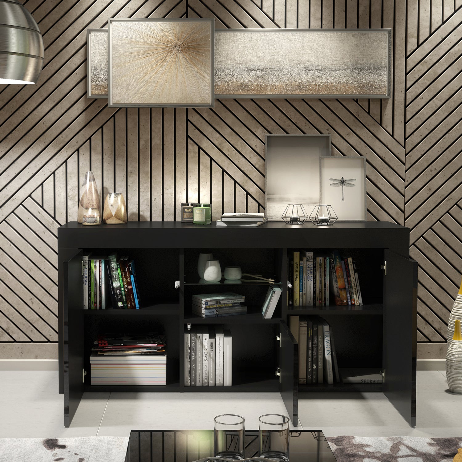 Sideboard – 145cm – High Gloss Doors – LED or Non-LED – Modern Sideboard Cabinet – LUNARO