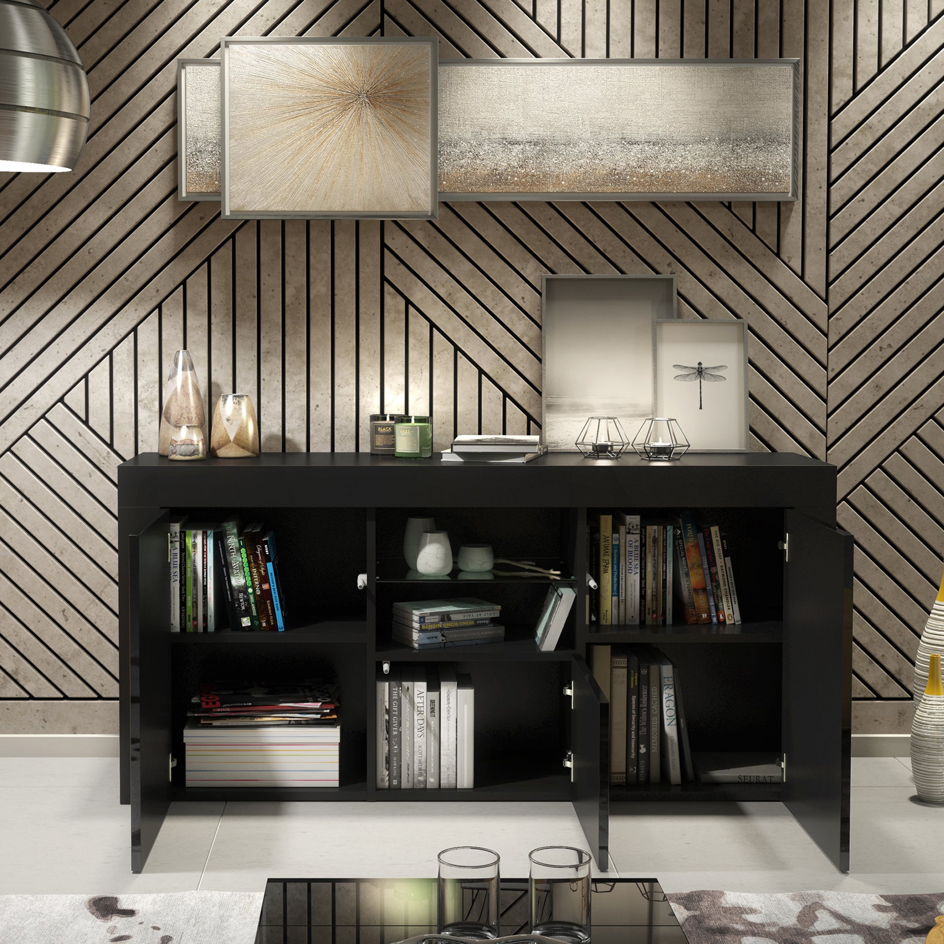 Sideboard – 145cm – High Gloss Doors – LED or Non-LED – Modern Sideboard Cabinet – LUNARO