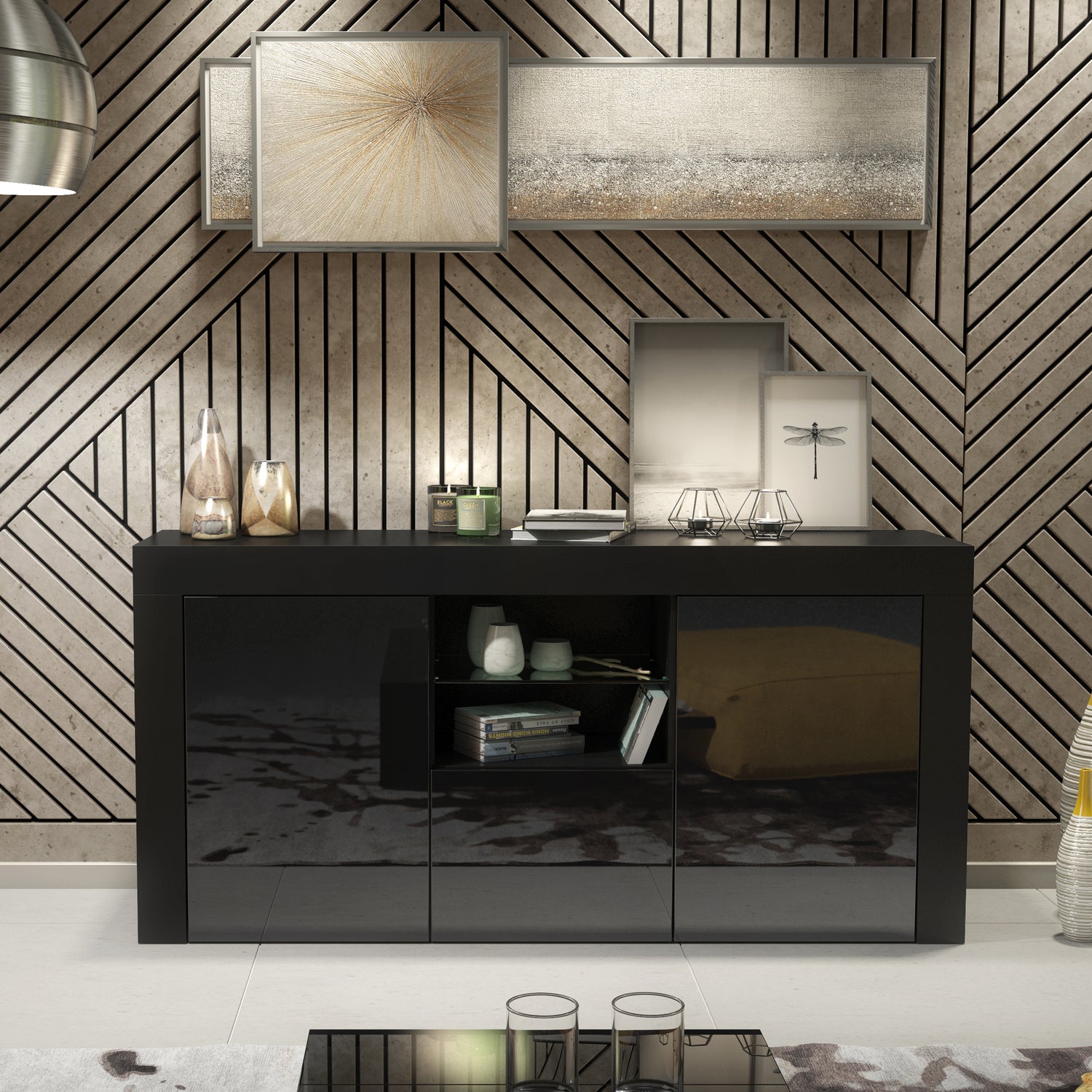 Sideboard – 145cm – High Gloss Doors – LED or Non-LED – Modern Sideboard Cabinet – LUNARO