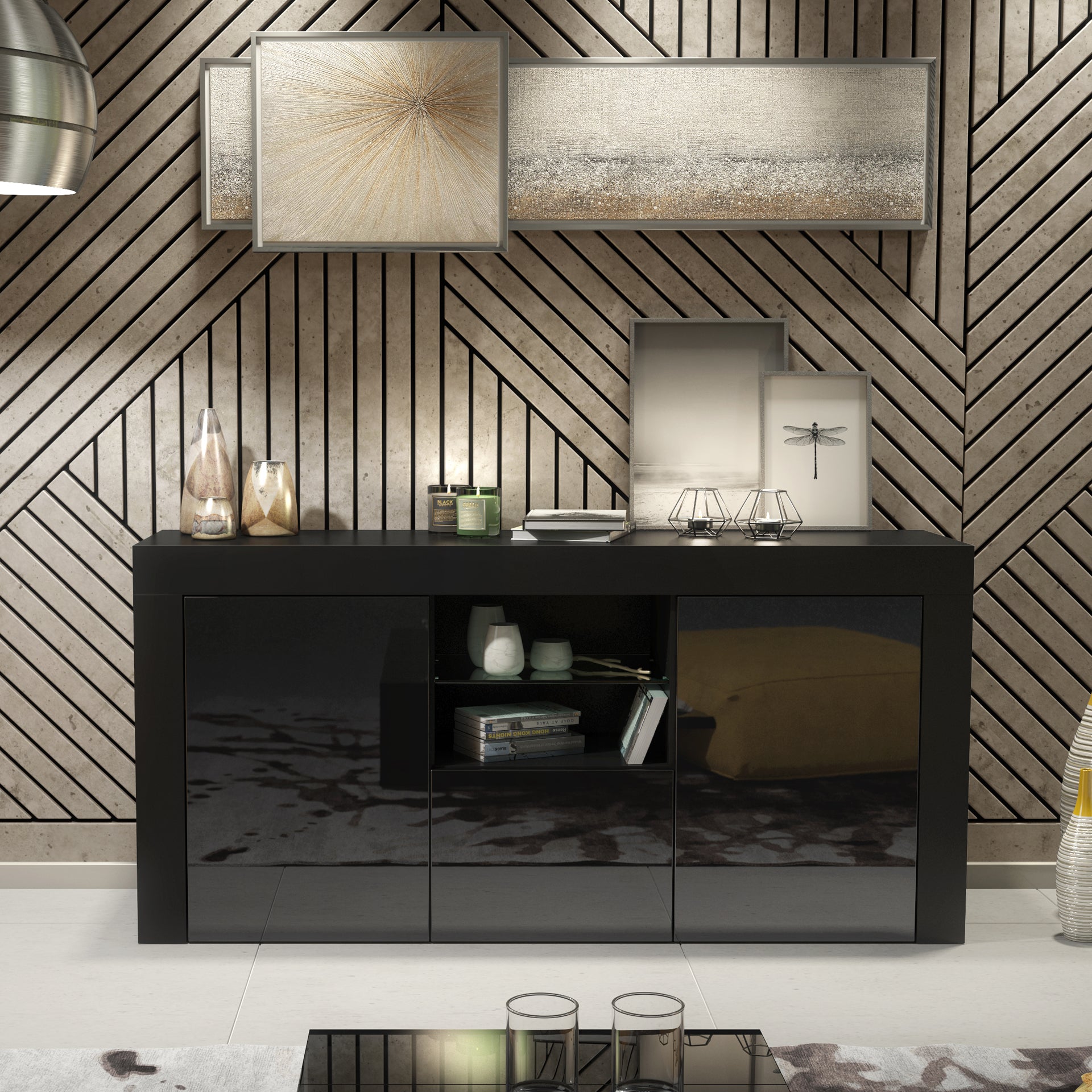 Sideboard – 145cm – High Gloss Doors – LED or Non-LED – Modern Sideboard Cabinet – LUNARO