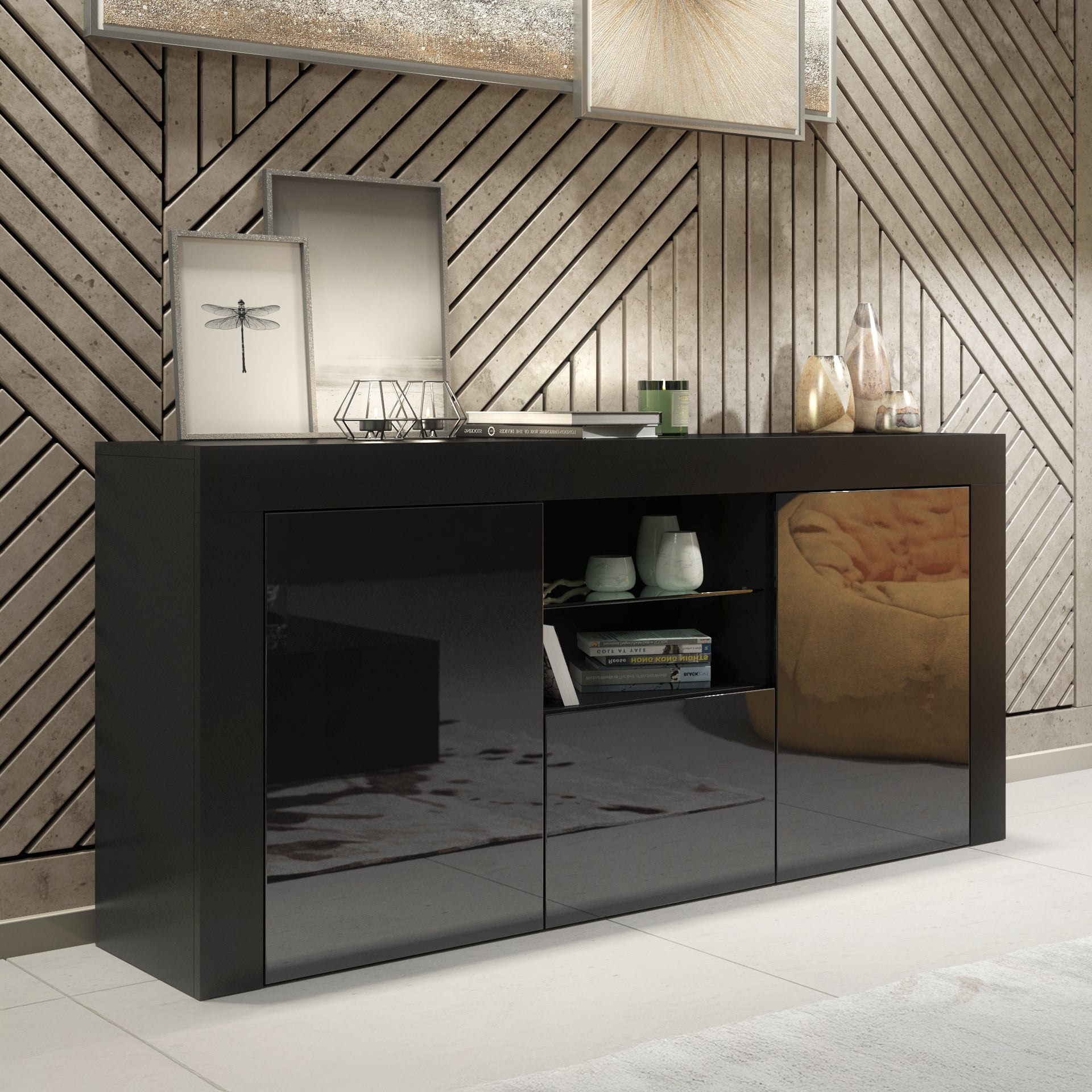 Sideboard – 145cm – High Gloss Doors – LED or Non-LED – Modern Sideboard Cabinet – LUNARO