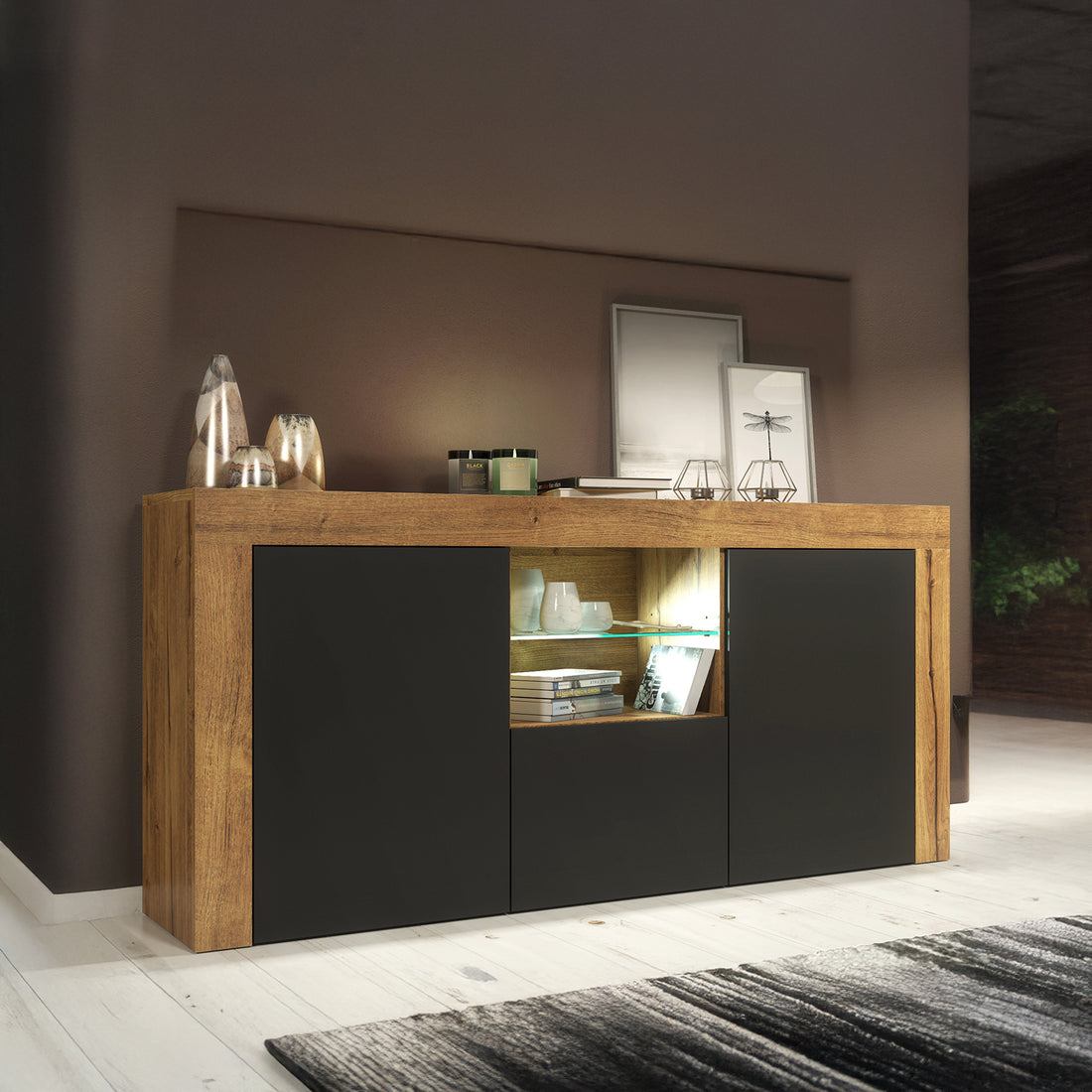 LUNARO Sideboard – 145cm – High Gloss Doors – LED or Non-LED – Modern Sideboard Cabinet