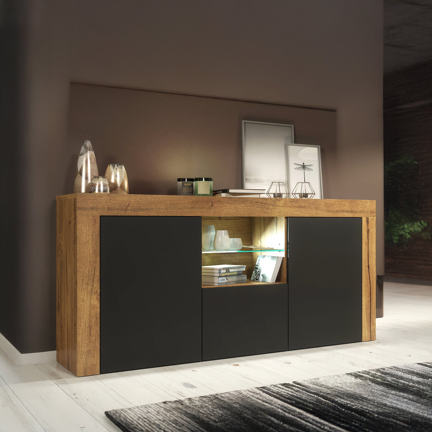 Sideboard – 145cm – High Gloss Doors – LED or Non-LED – Modern Sideboard Cabinet – LUNARO