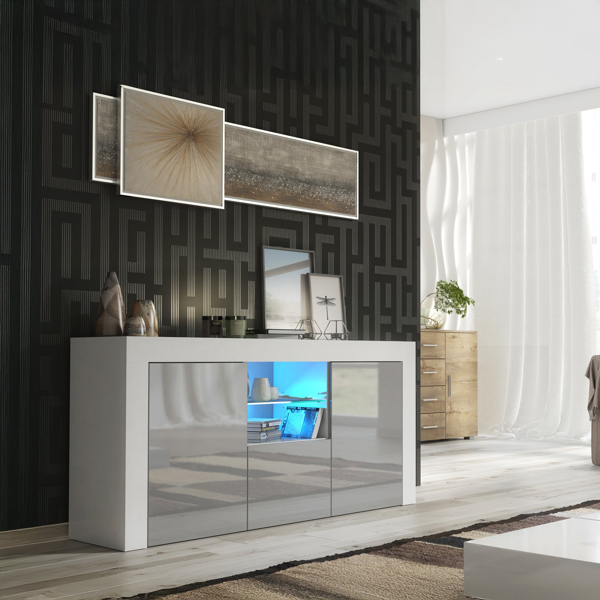 Sideboard – 145cm – High Gloss Doors – LED or Non-LED – Modern Sideboard Cabinet – LUNARO
