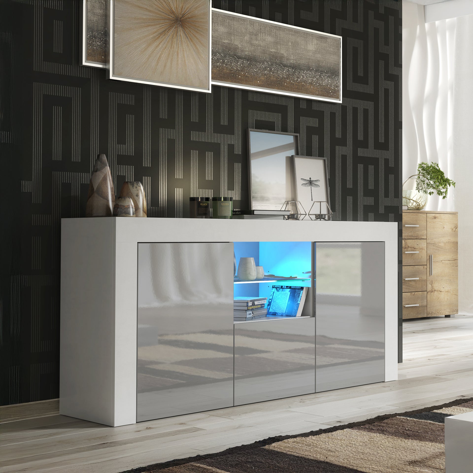 Sideboard – 145cm – High Gloss Doors – LED or Non-LED – Modern Sideboard Cabinet – LUNARO