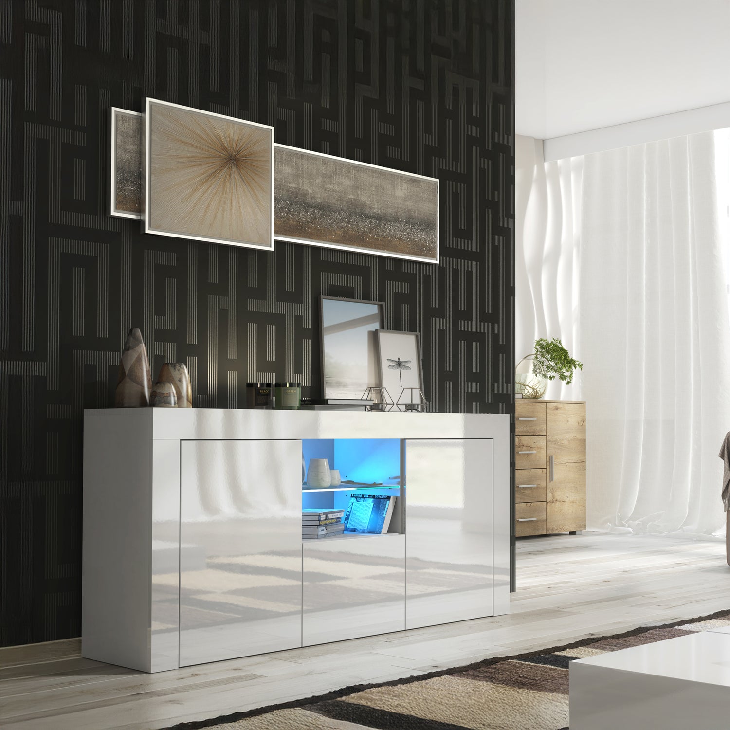 Sideboard – 145cm – High Gloss Doors – LED or Non-LED – Modern Sideboard Cabinet – LUNARO